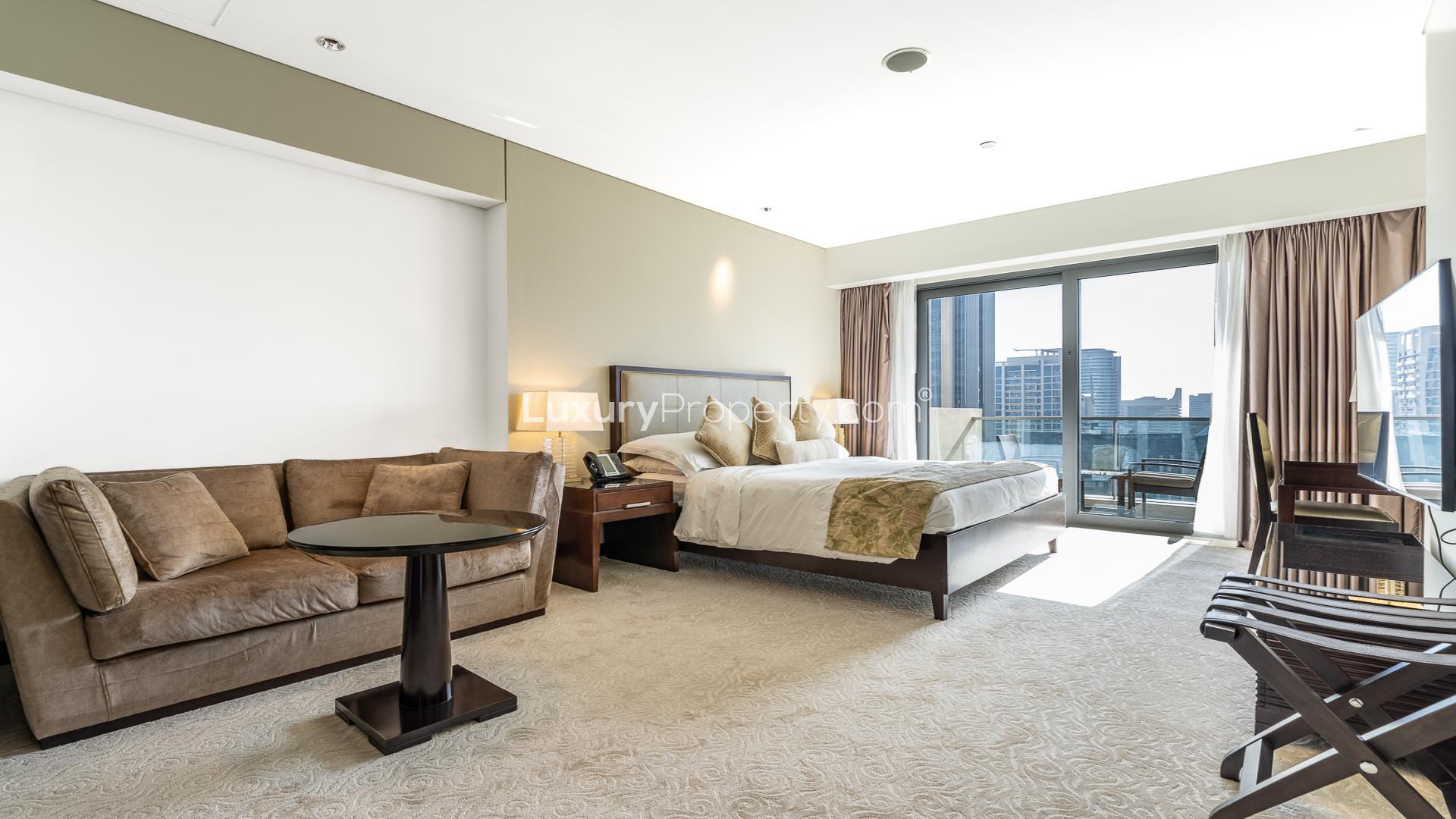 Luxurious studio apartment interior with city view, Dubai Marina, JW Marriott Hotel Marina