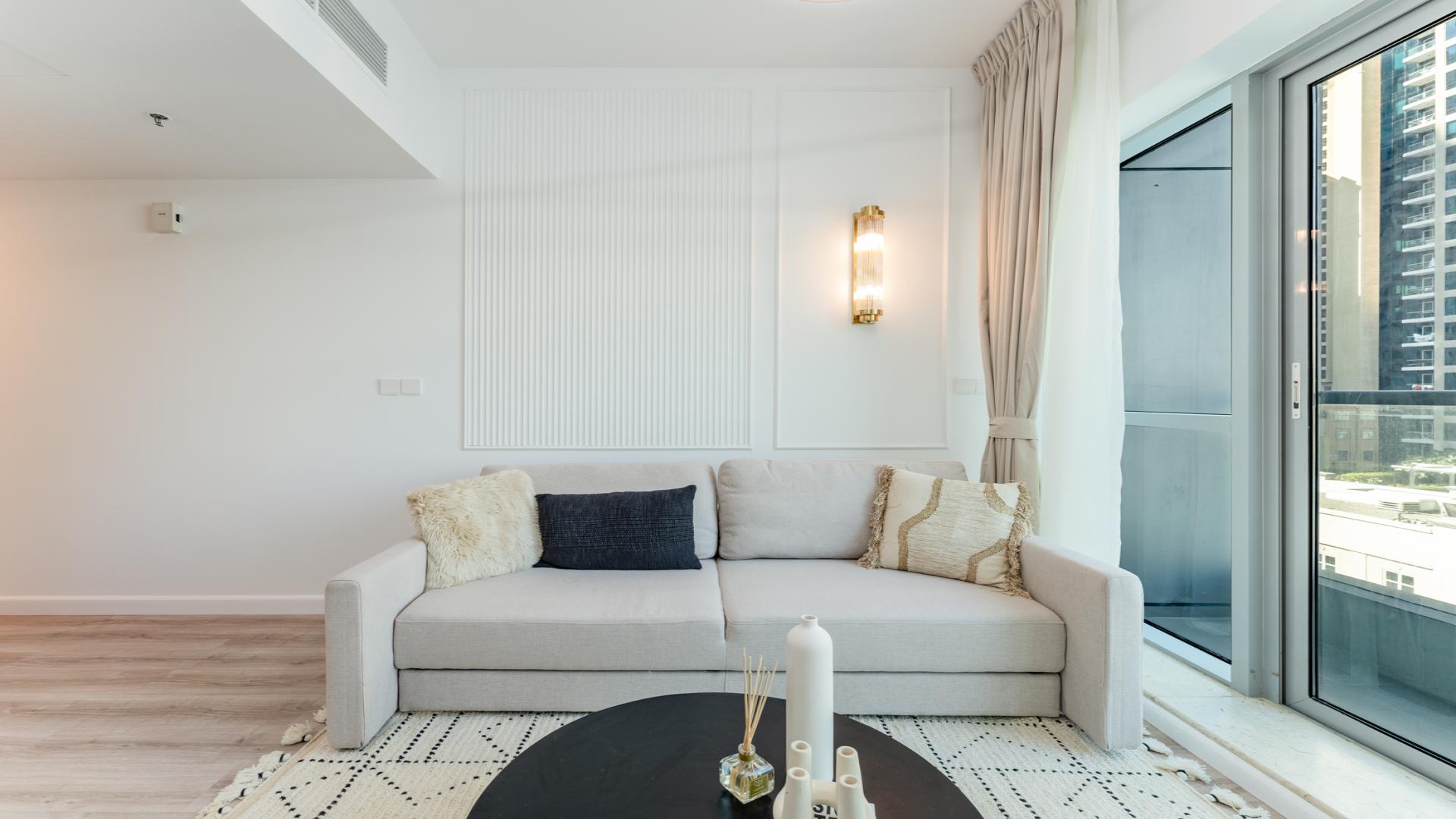 Renovated studio apartment interior in The Point Tower, Dubai Marina, featuring modern decor