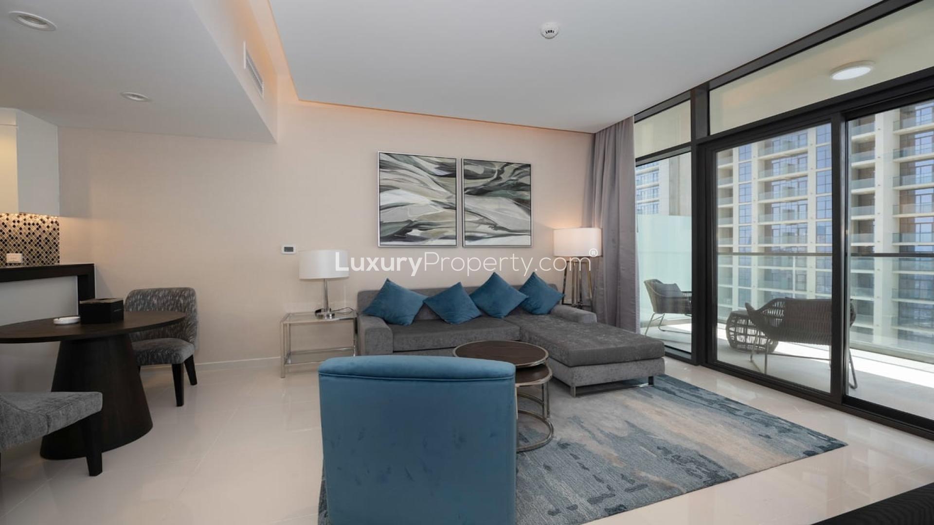 Fully furnished high-floor apartment kitchen and living area with stunning views, Aykon City