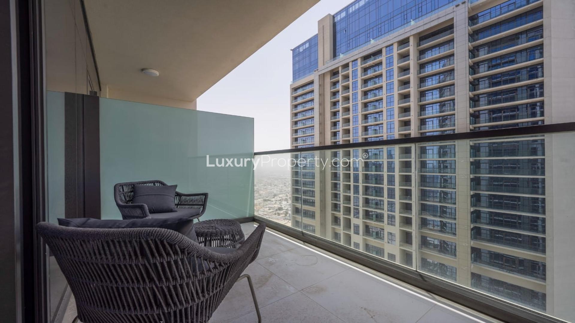 Fully furnished living room in high-floor Aykon City apartment, Business Bay, for sale