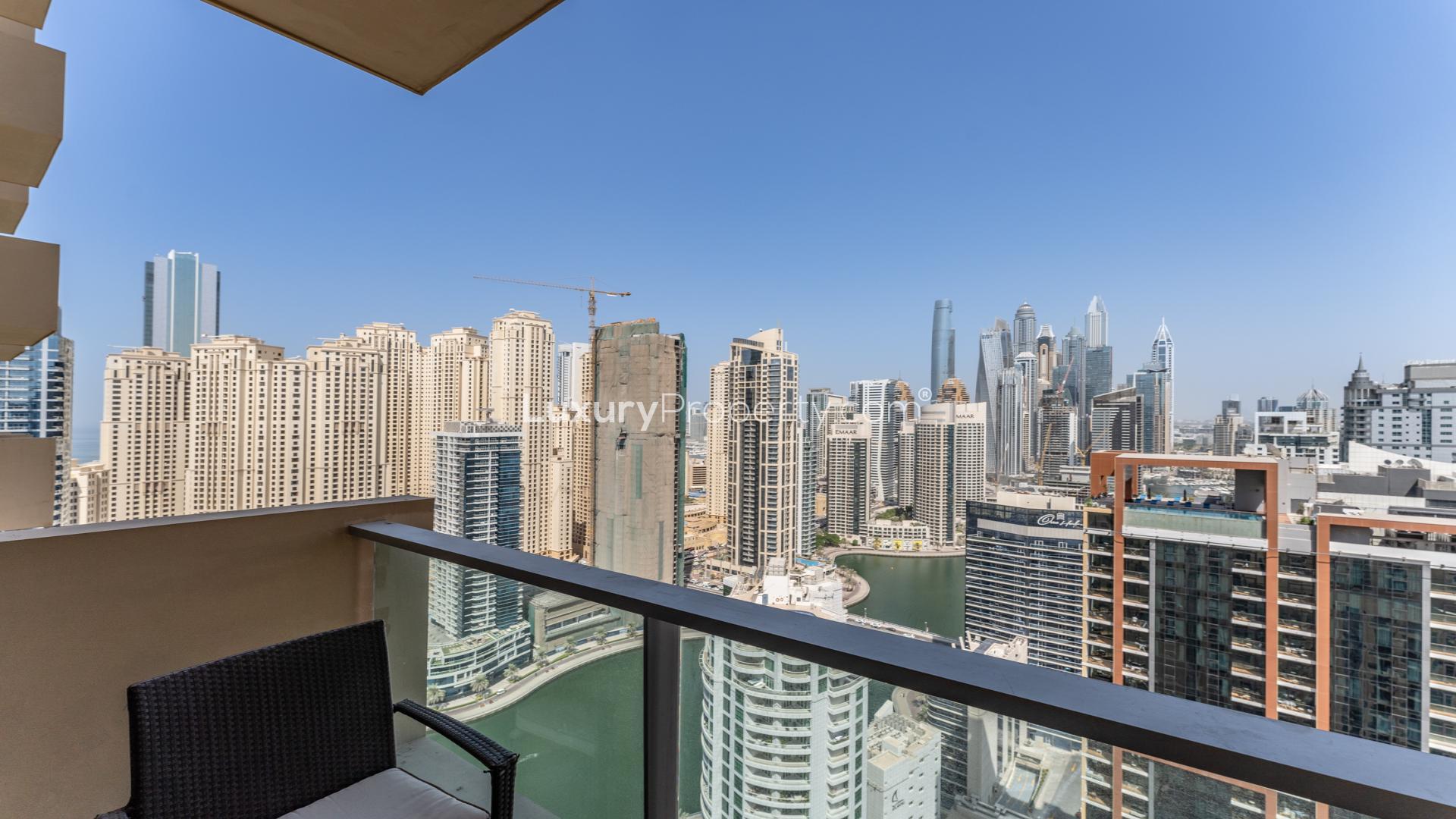 Studio apartment interior with city view, The Address Dubai Marina, for sale, high ROI
