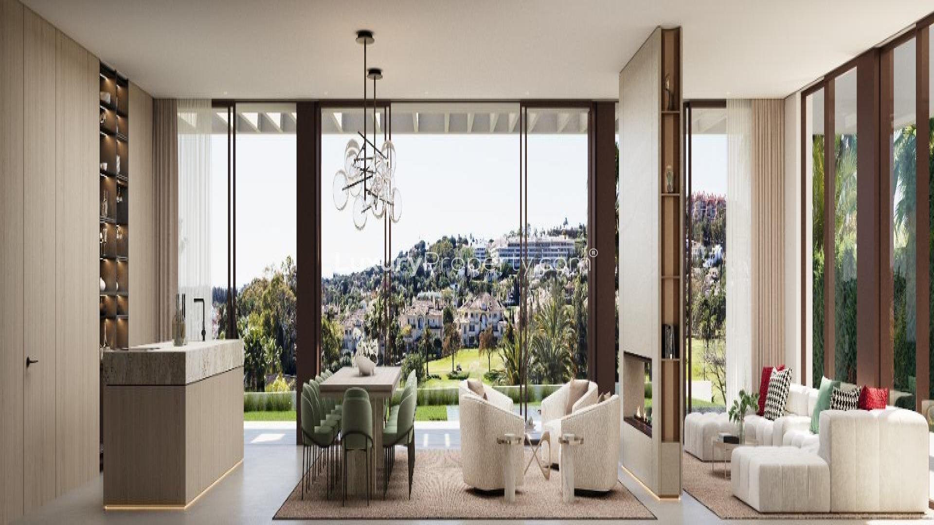 Luxurious outdoor terrace of modern villa in Marbella, Costa del Sol, with scenic views