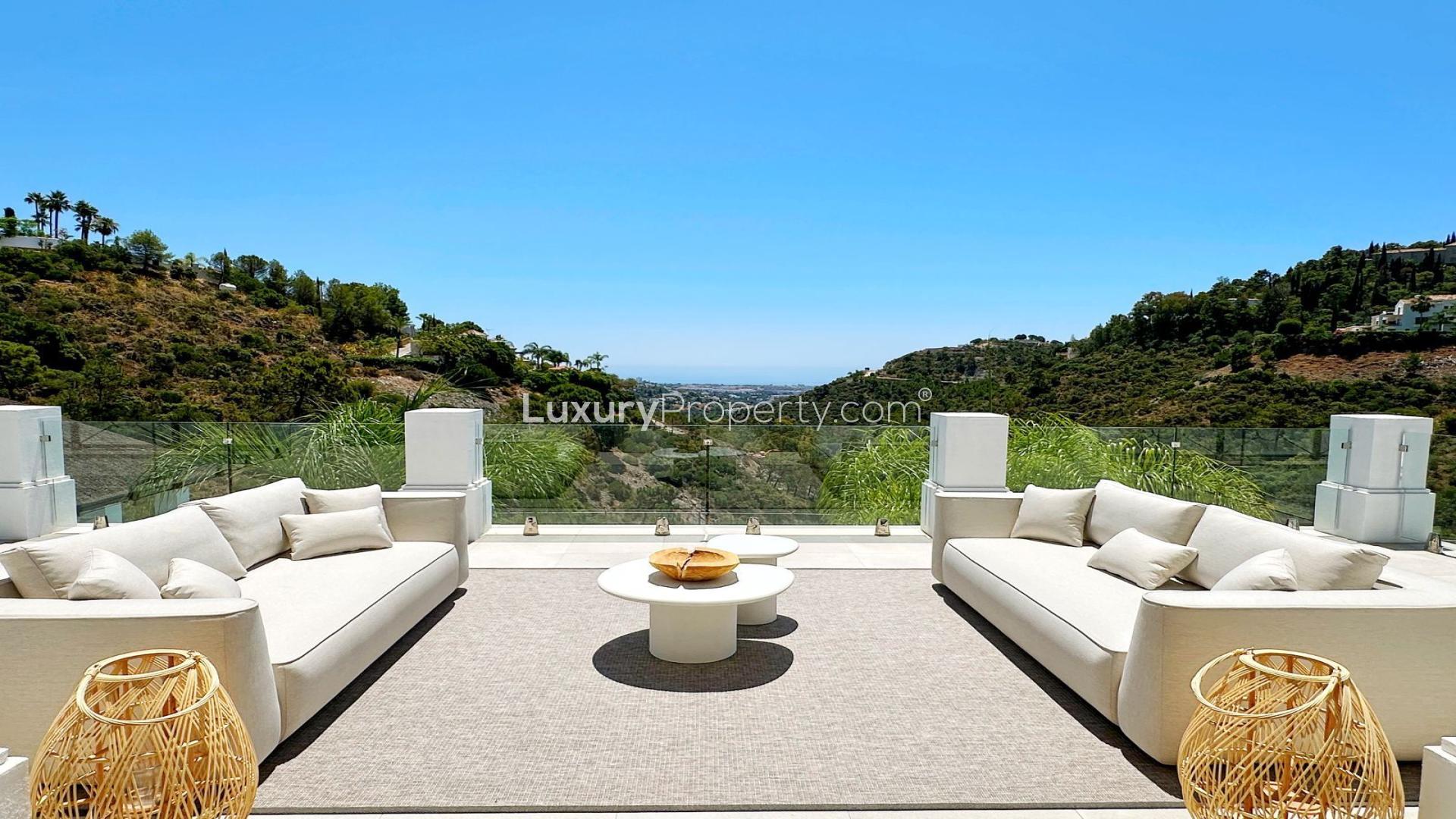 Luxury El Madroñal villa terrace with panoramic sea and mountain views, Málaga