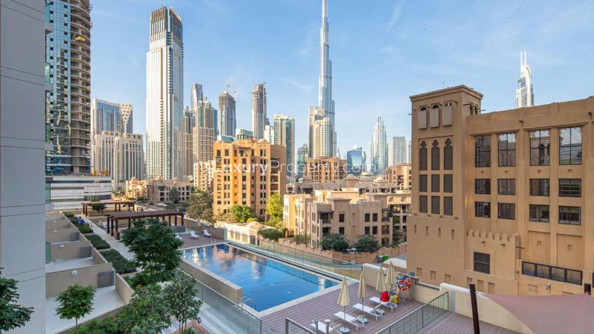 Modern furnished living and dining area in Bellevue Towers apartment, Downtown Dubai