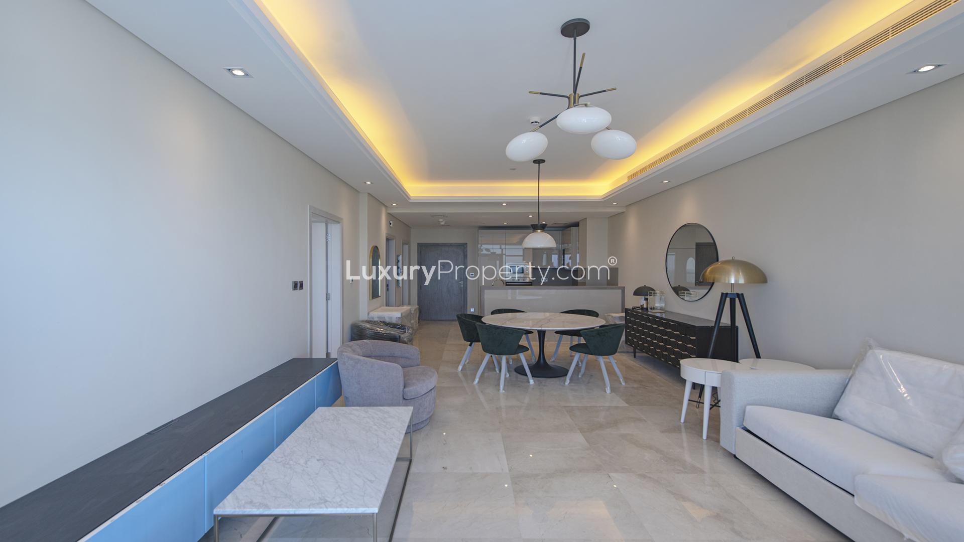 Vacant one-bedroom apartment with sea view in The 8, Palm Jumeirah, living room interior