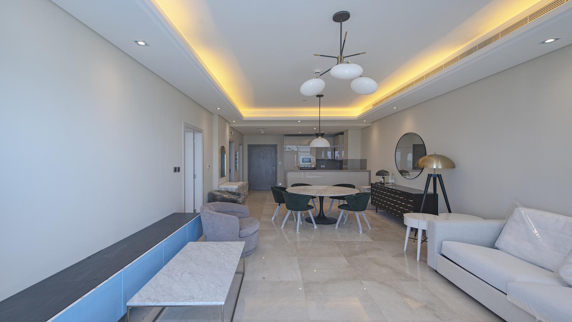 Vacant one-bedroom apartment with sea view in The 8, Palm Jumeirah, living room interior