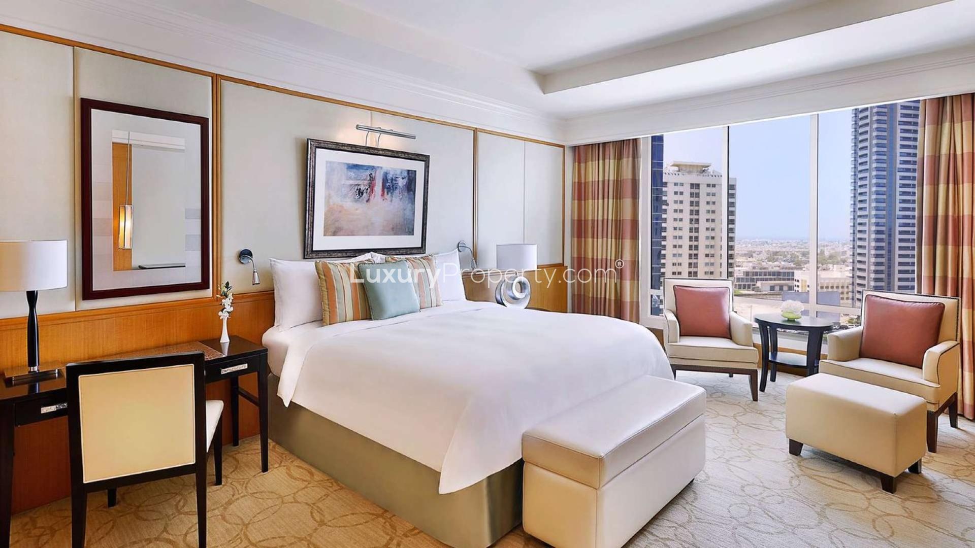 Luxurious living room in fully furnished 1-bedroom apartment at Ritz-Carlton, DIFC for rent