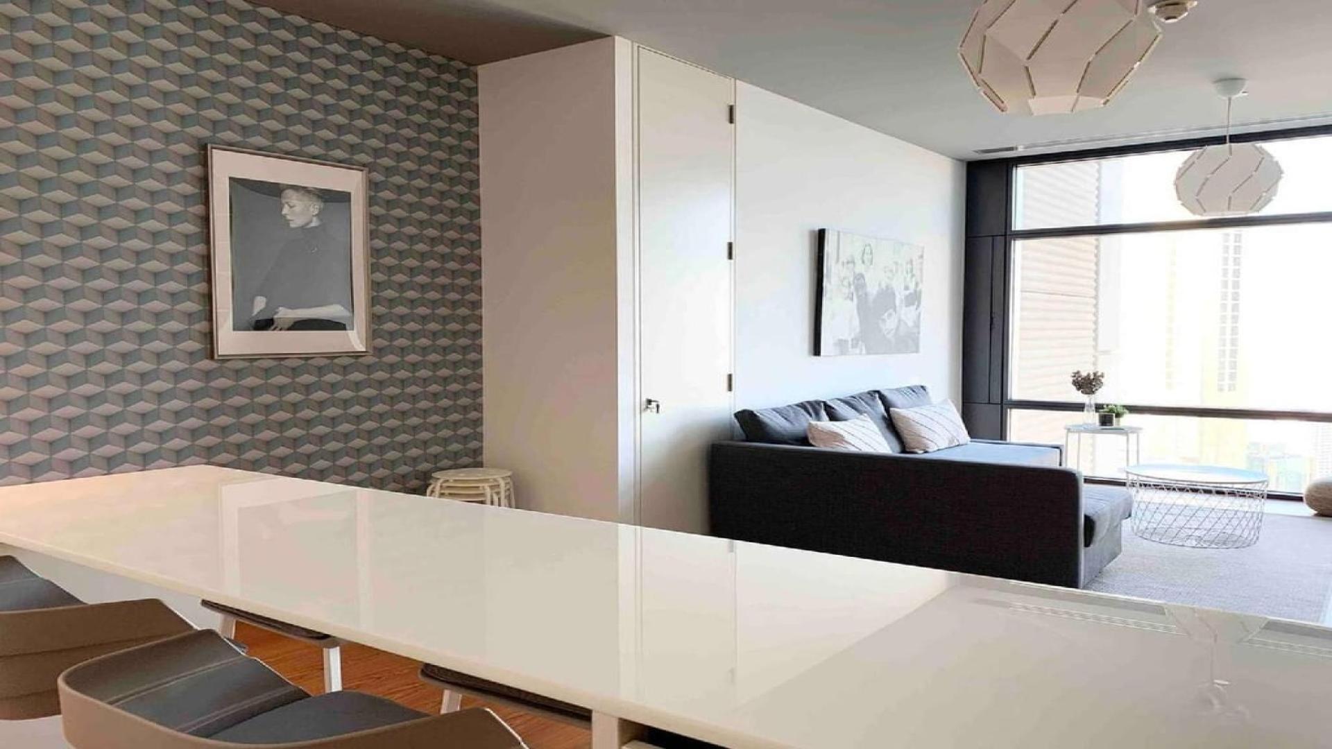 Stylish living room in furnished 1-bedroom apartment, Index Tower, DIFC skyline view