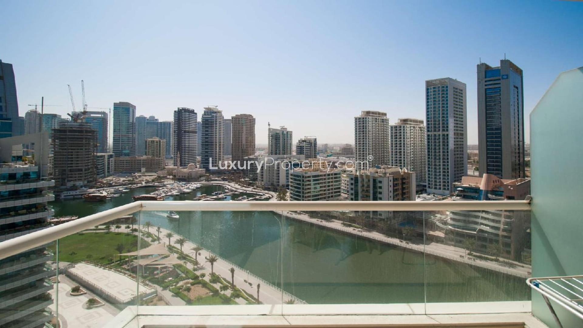 "Stunning waterfront view from 1-bedroom apartment balcony in Dorra Bay, Dubai Marina.",Waterfront view from 1-bedroom apartment balcony in Dorra Bay, Dubai Marina