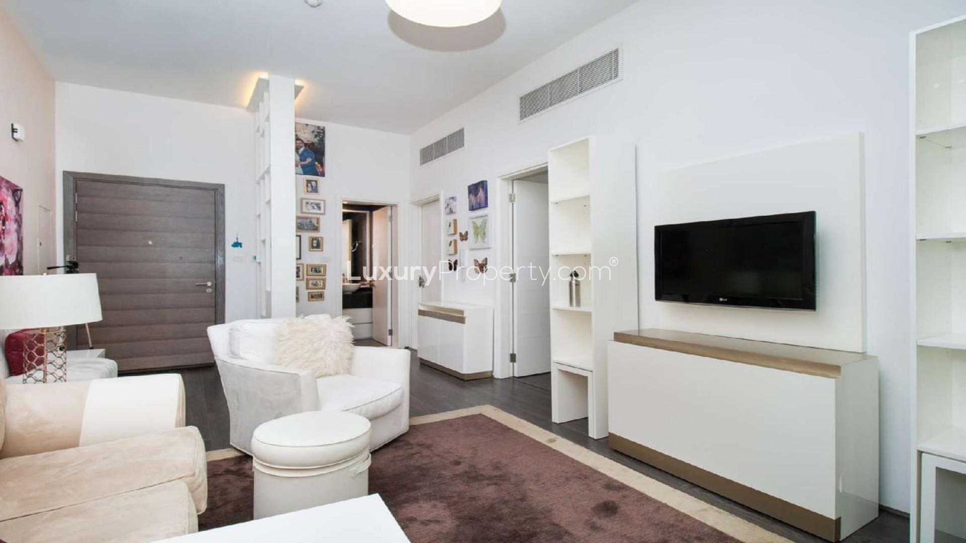 Modern living room in fully upgraded 1-bedroom apartment, J5 Al Sufouh Gardens