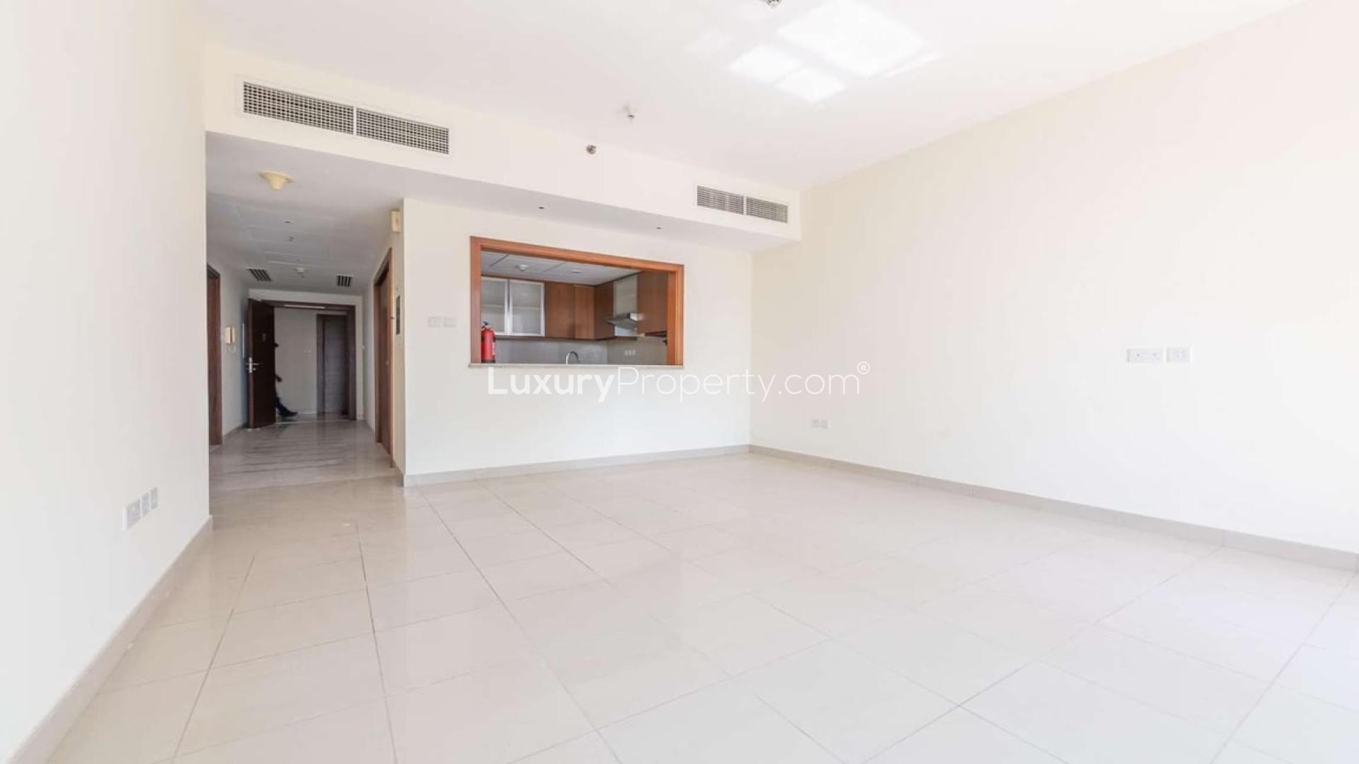 Empty apartment room with large windows, city view, Standpoint Tower, Downtown Dubai for rent