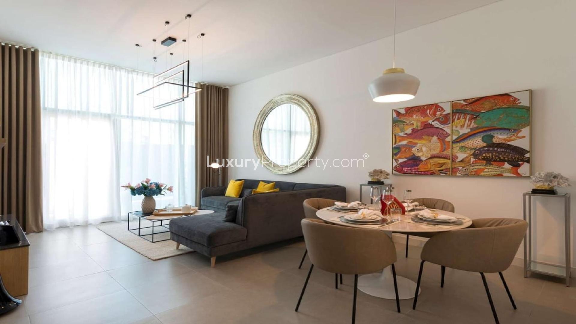 Modern living room and dining area in La Riviera, JVC apartment for rent