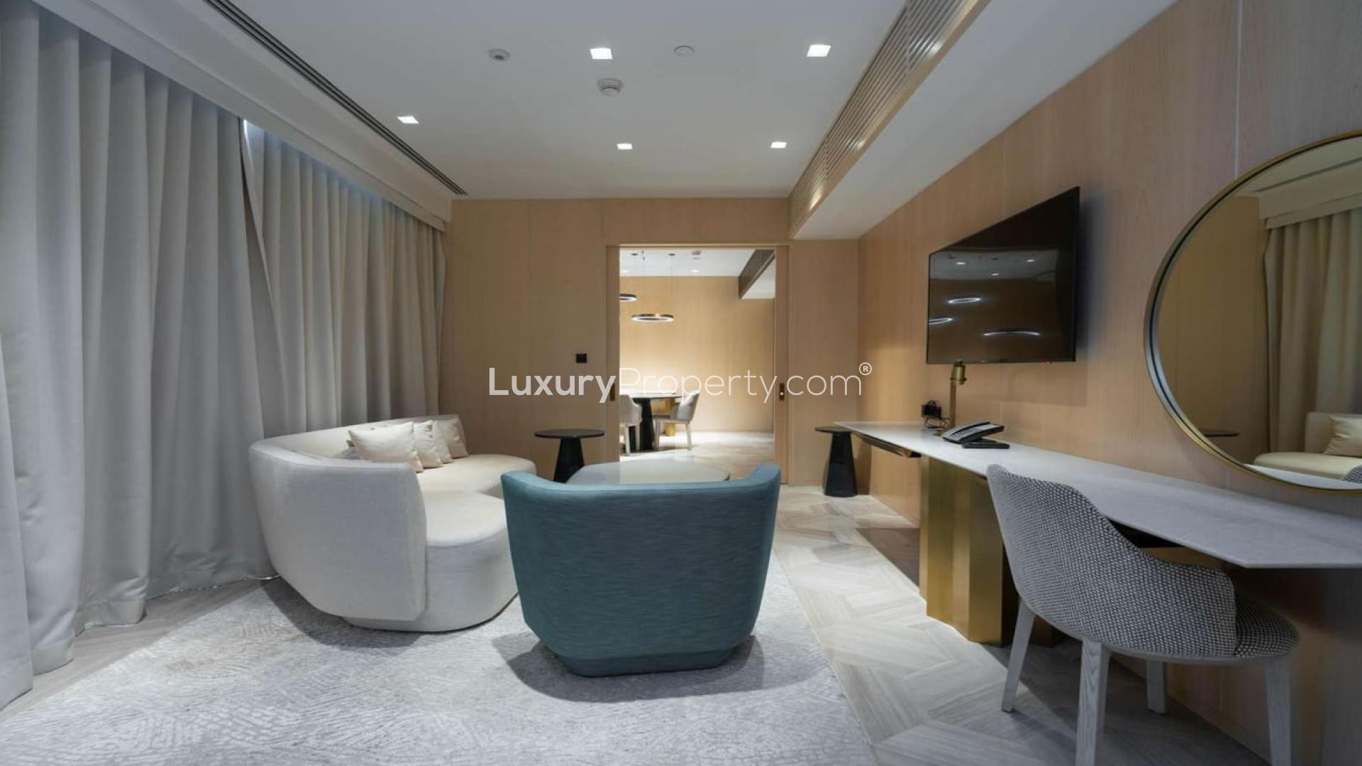 Dining area in luxury apartment, FIVE Palm Jumeirah, with modern decor and ocean view