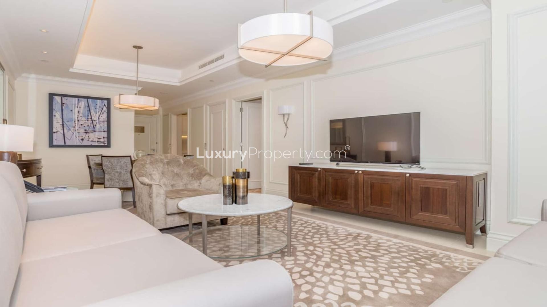Fully furnished living and dining area in Address BLVD apartment, Downtown Dubai for rent