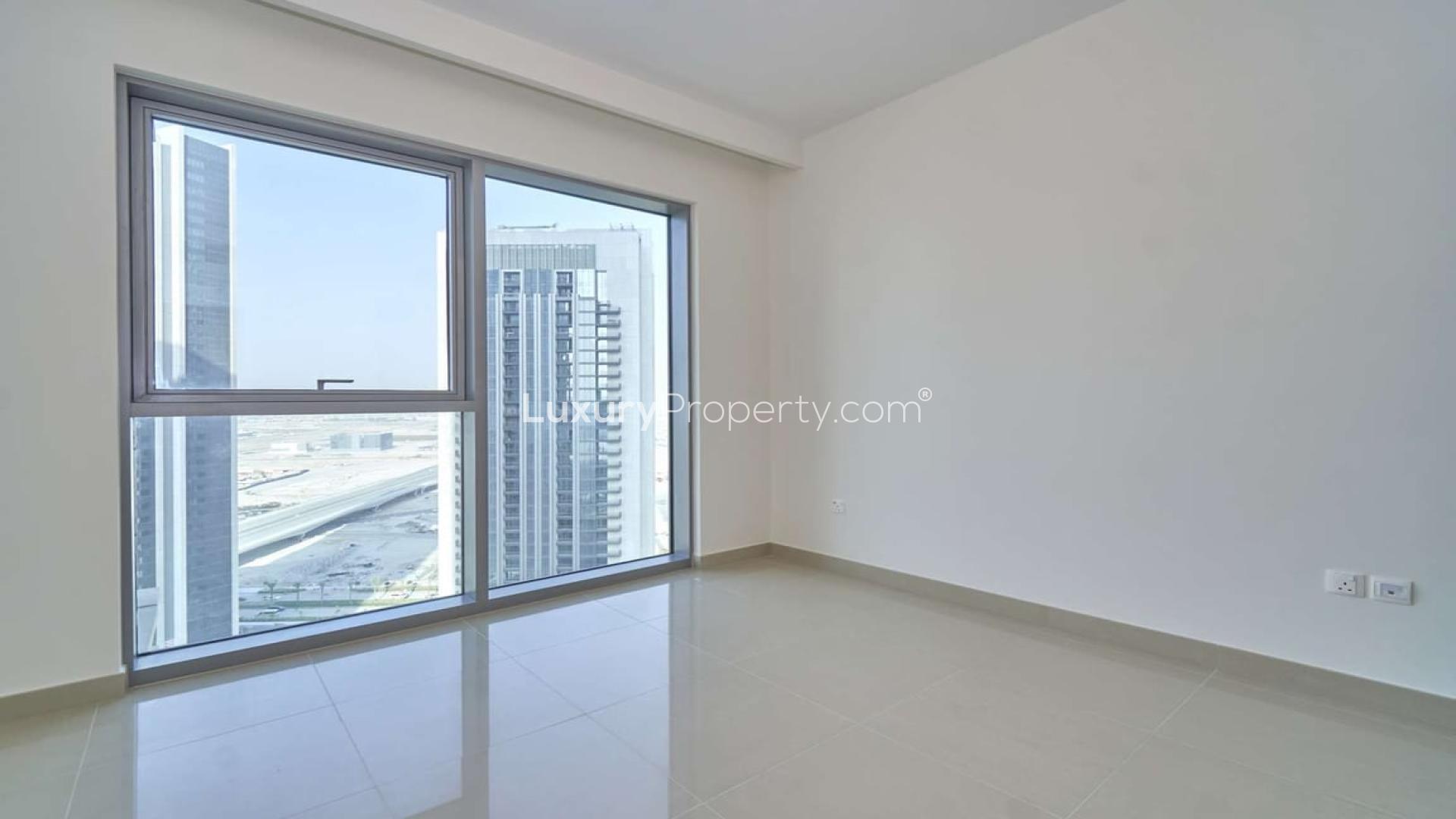 Balcony view from 1-bedroom apartment in Dubai Creek Harbour, overlooking modern skyline