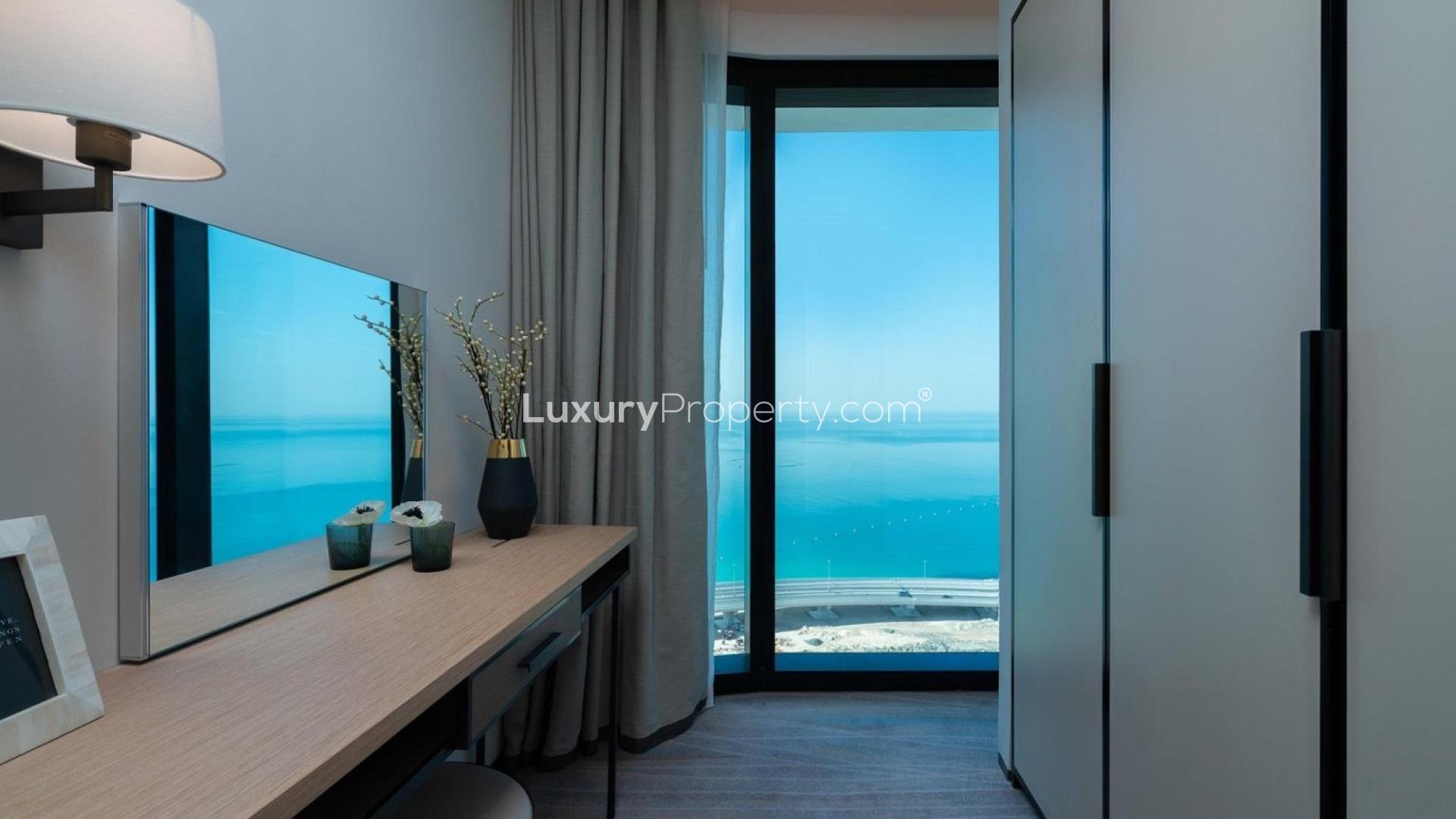 "Modern living area in serviced apartment at The Address Jumeirah Resort, JBR, with sea view.",Modern serviced apartment with stunning sea view at The Address Jumeirah Resort, Dubai