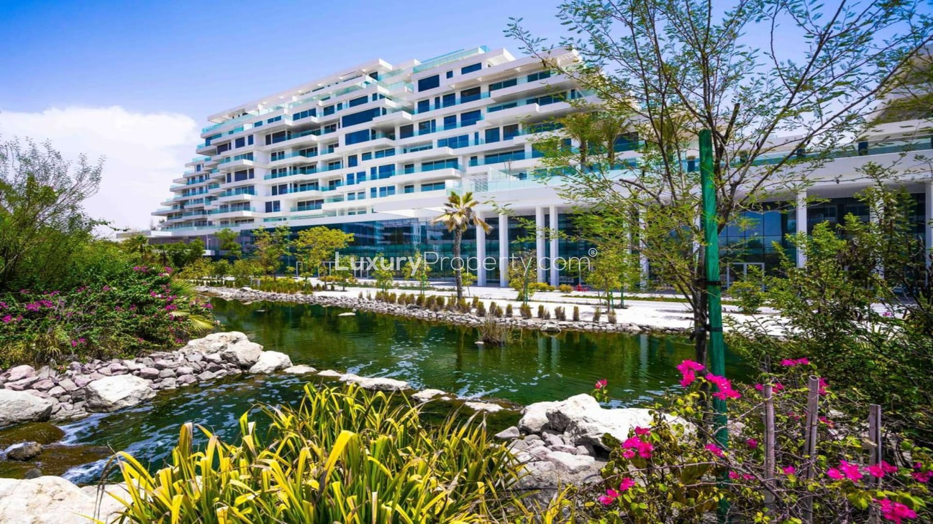 Exterior view of Seventh Heaven apartment with lush landscaping in Al Barari, Dubai