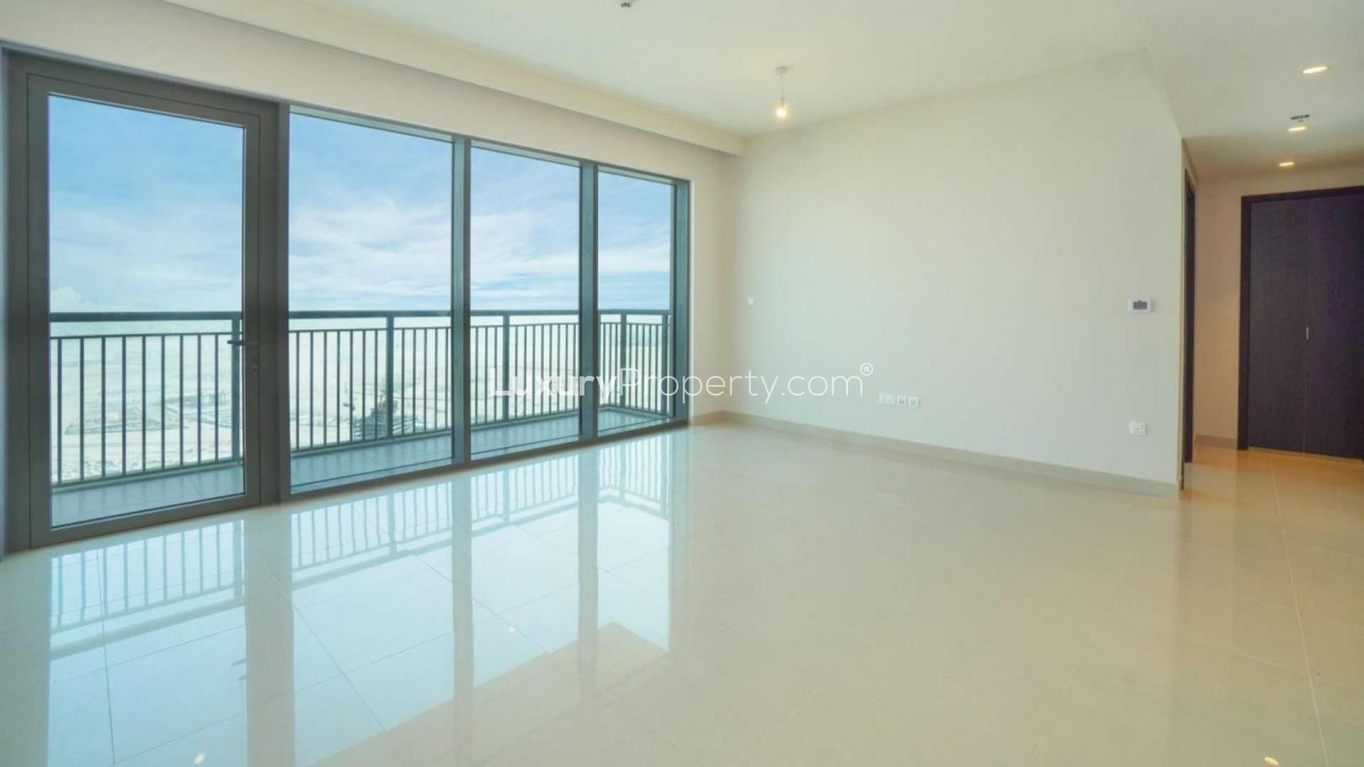 Bright living room with large windows in Harbour Views Tower 1, Dubai Creek Harbour