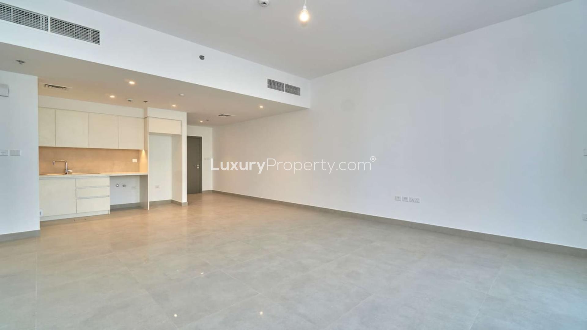 High-floor apartment balcony view in Creek Horizon, Dubai Creek Harbour skyscrapers visible