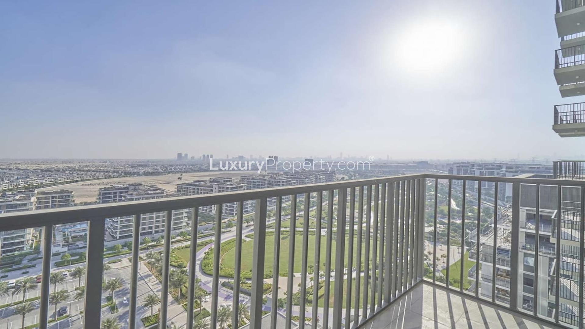 Balcony view from 1-bedroom apartment in Park Ridge, Dubai Hills Estate overlooking cityscape