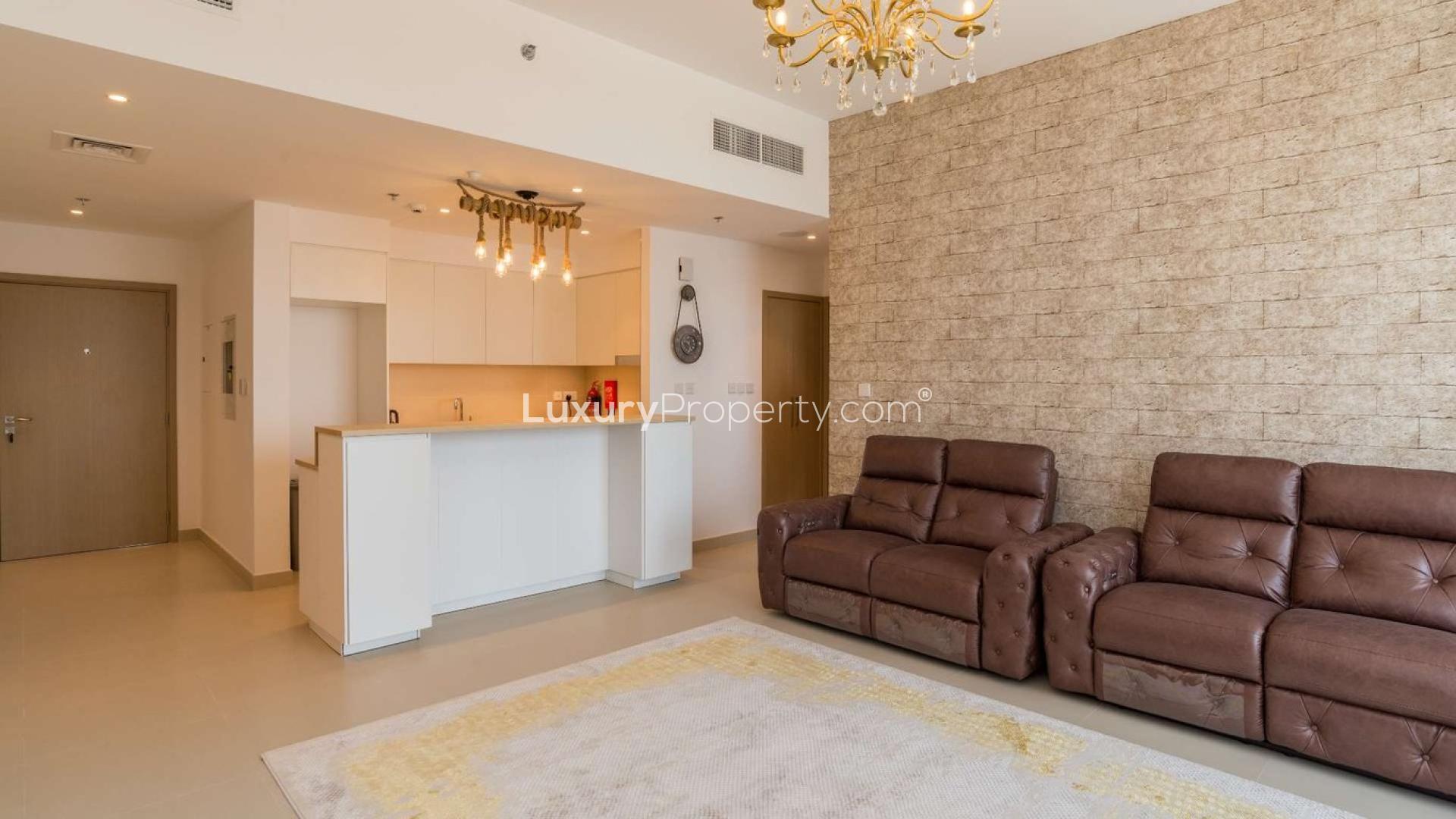 Fully-furnished living room in 1-bedroom apartment, Creek Horizon, Dubai Creek Harbour