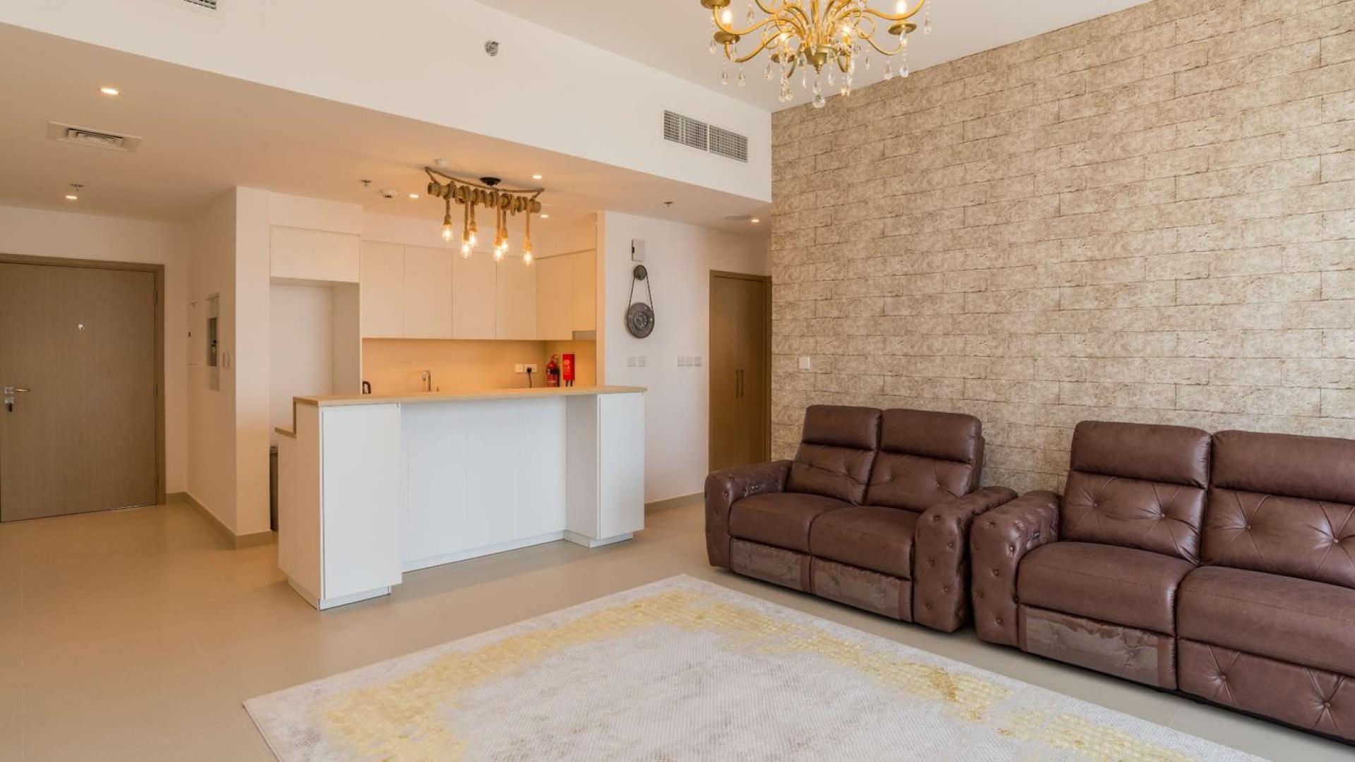 Fully-furnished living room in 1-bedroom apartment, Creek Horizon, Dubai Creek Harbour