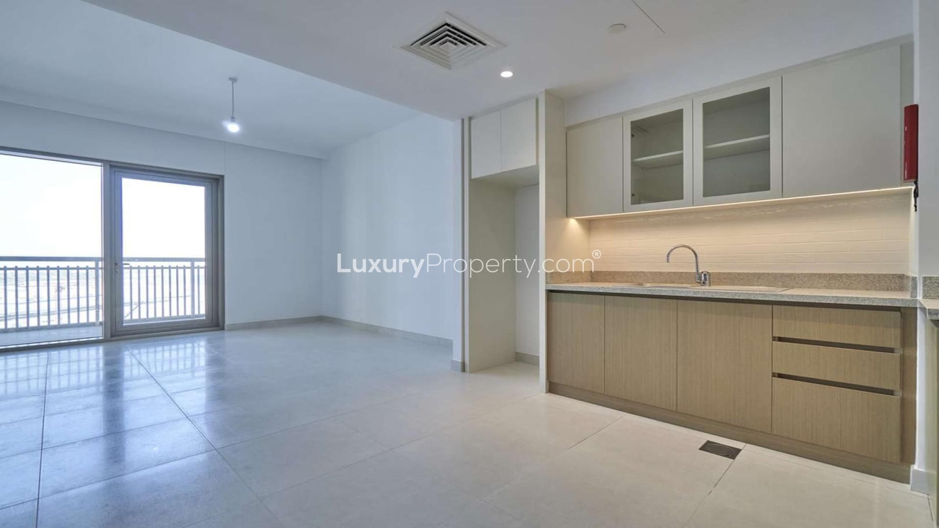 Outdoor pool area at Creekside 18, Dubai Creek Harbour apartment complex for rent