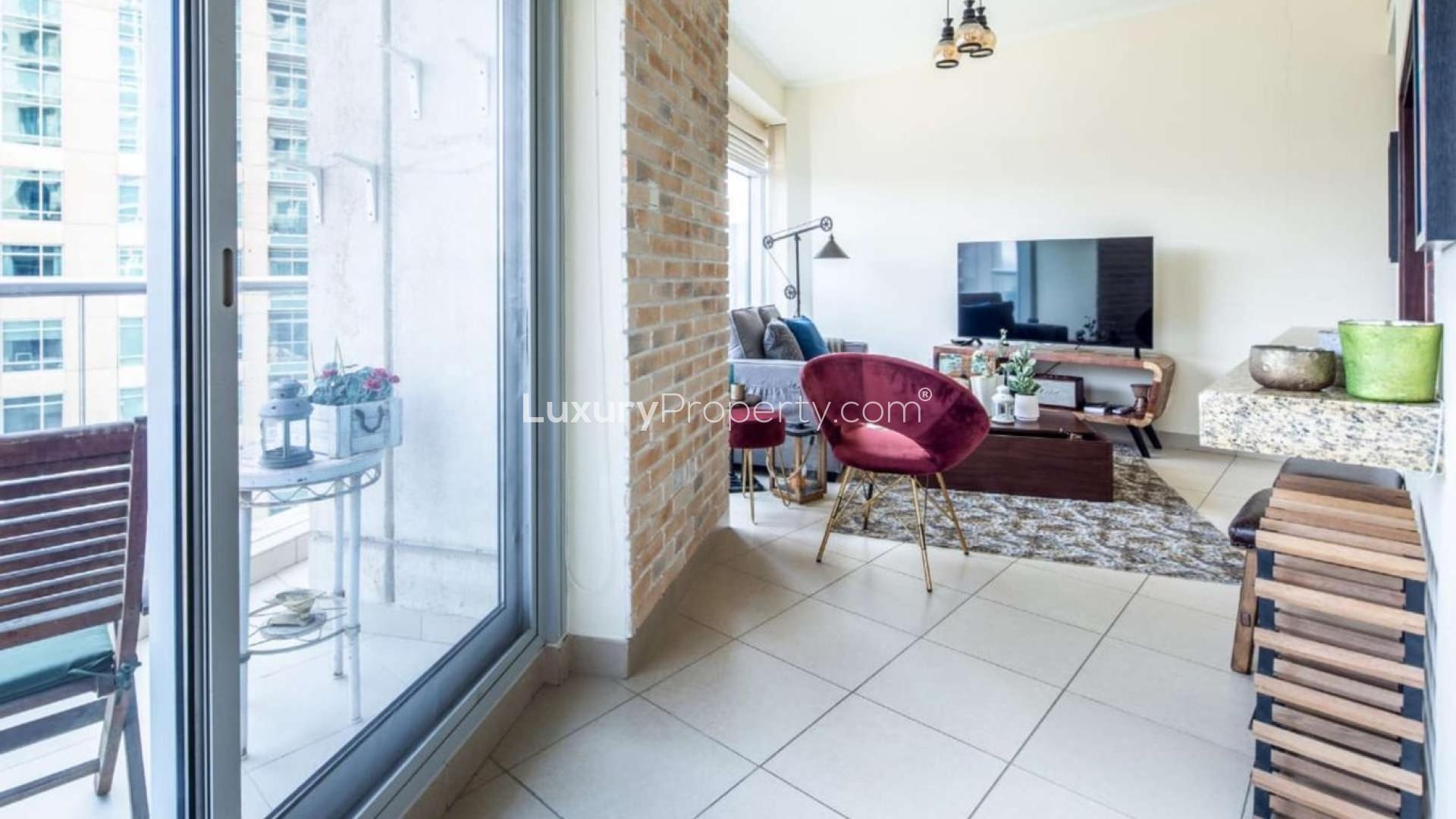 Furnished living room with lake view, high-floor apartment, Burj Views, Downtown Dubai