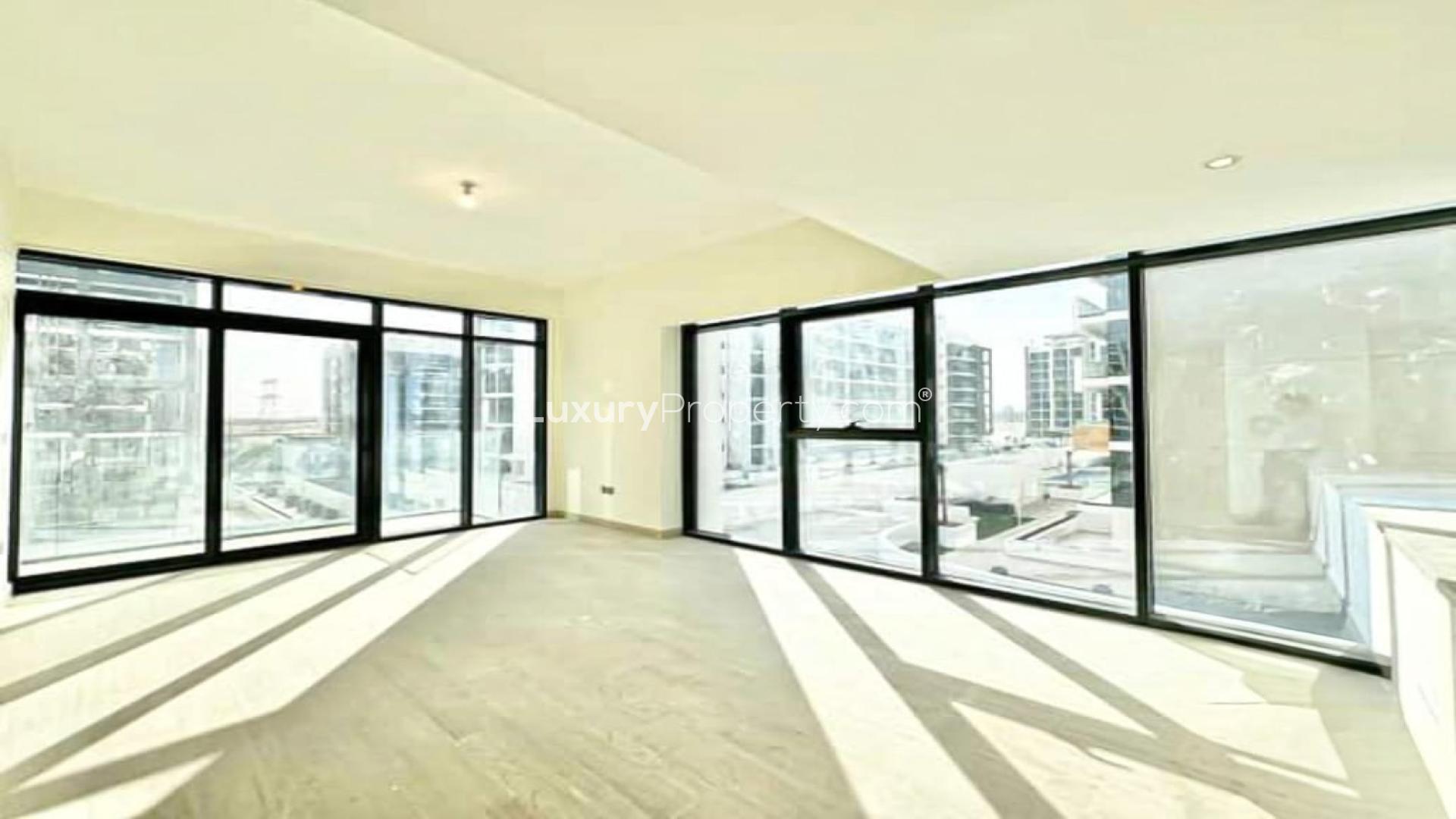 Brand new, spacious living area in Meydan One apartment, large windows, modern design