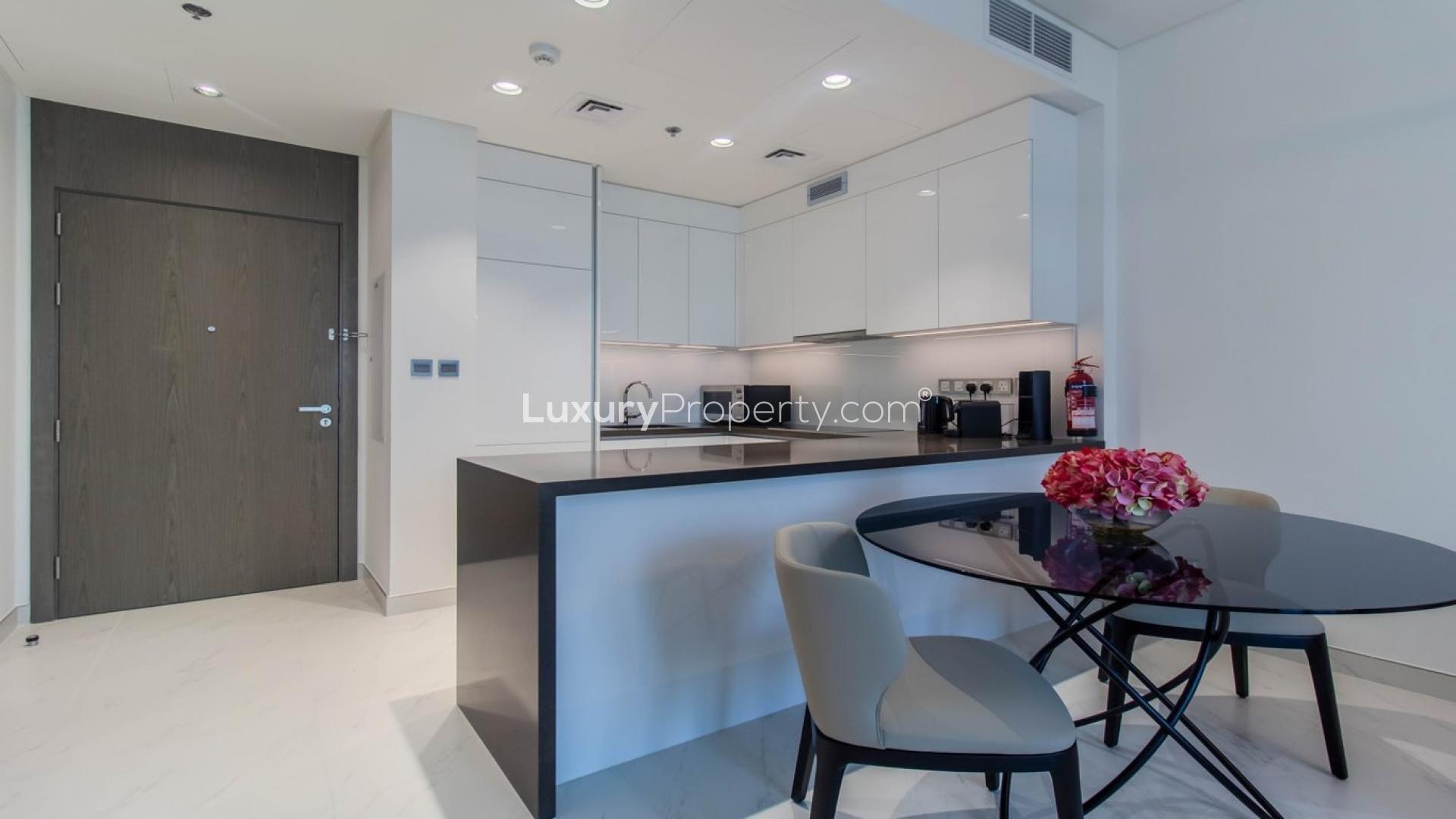 Furnished living room in lagoon-view apartment, District One, Mohammed Bin Rashid City, for rent