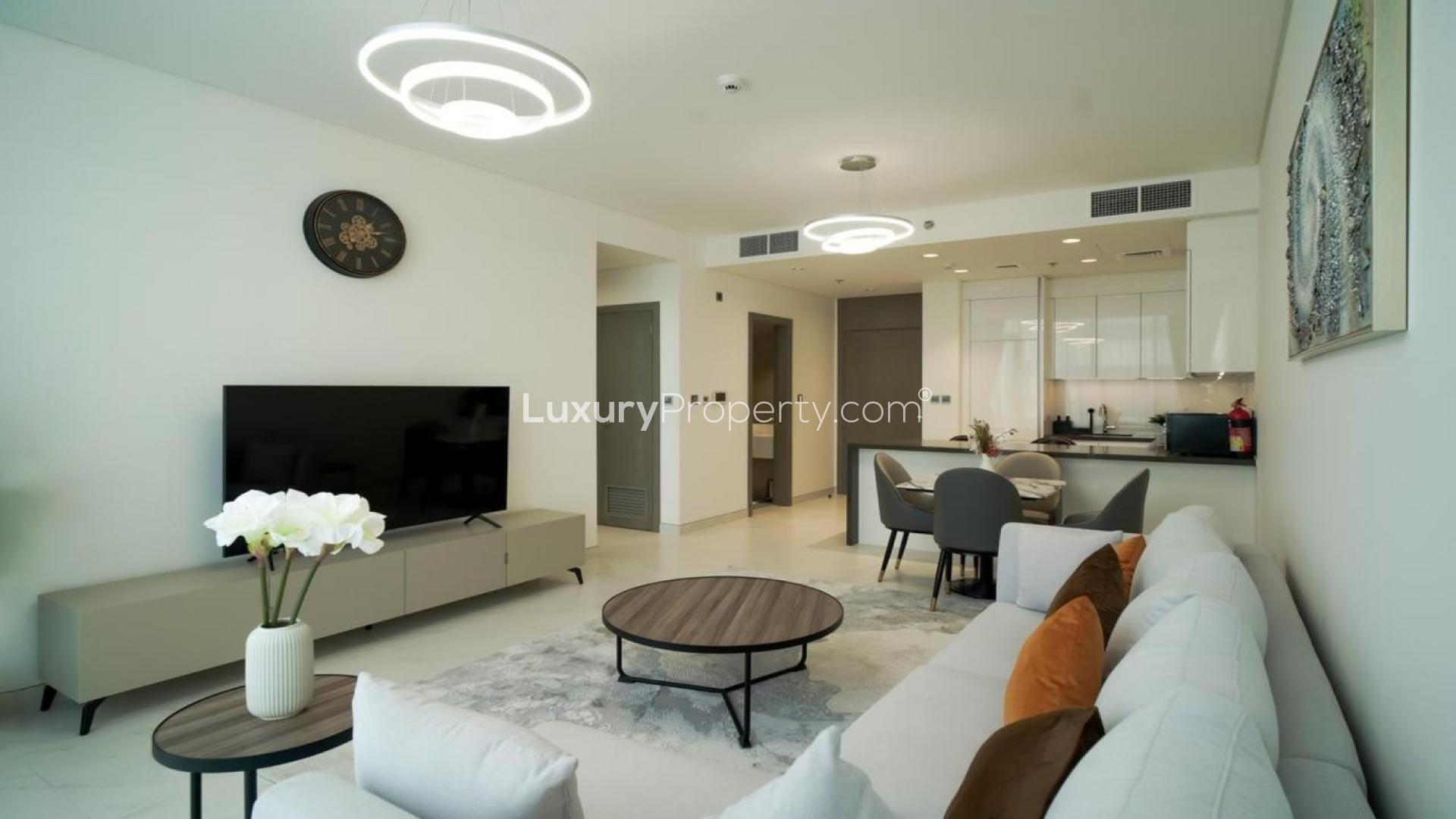 "Modern furnished living room in 1-bed apartment, District One, Mohammed Bin Rashid City.",Fully furnished living room in 1-bed apartment, District One, Mohammed Bin Rashid City
