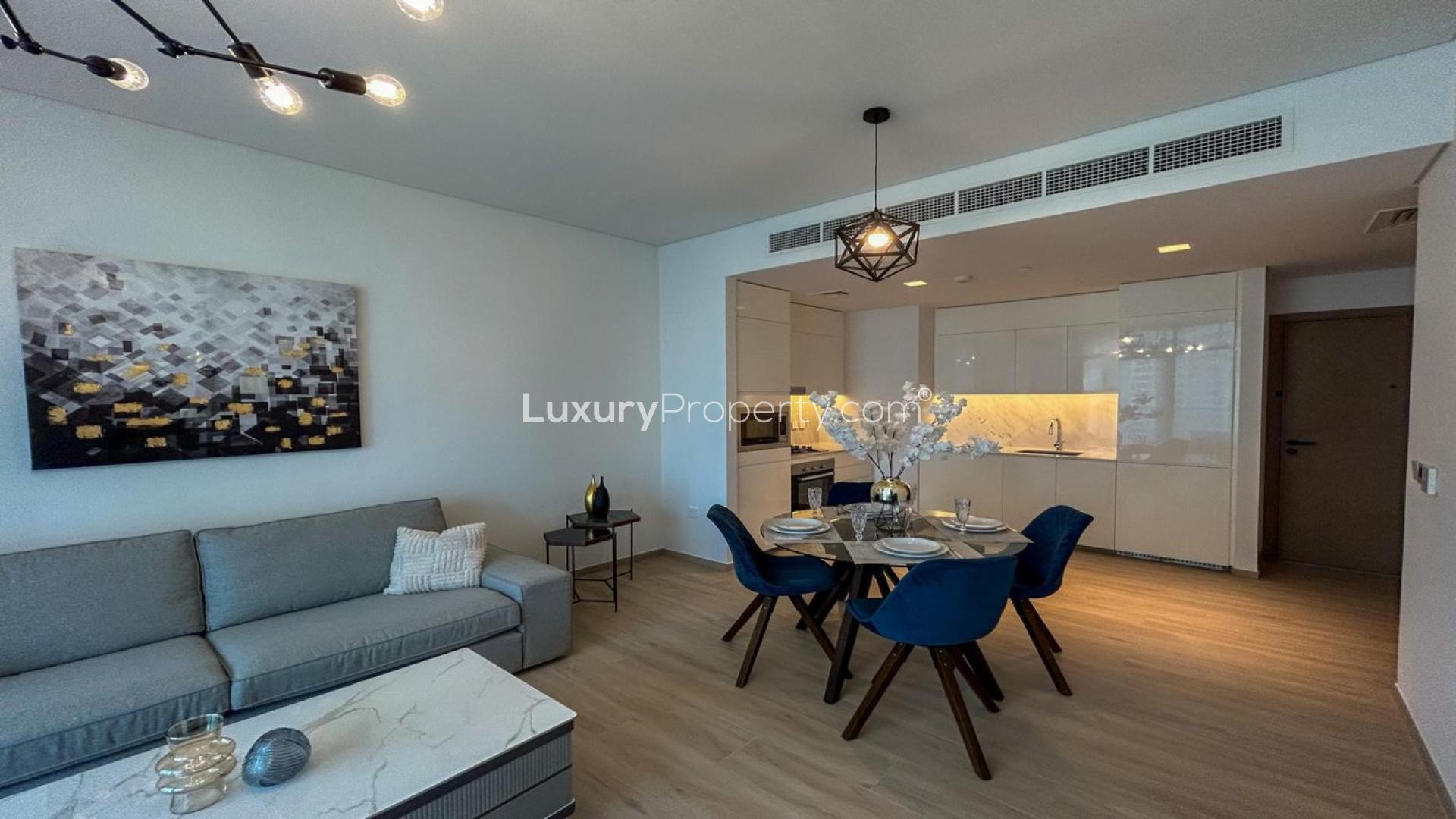 Modern living room in 1-bedroom apartment, Palace Residences, Dubai Creek Harbour, with city views