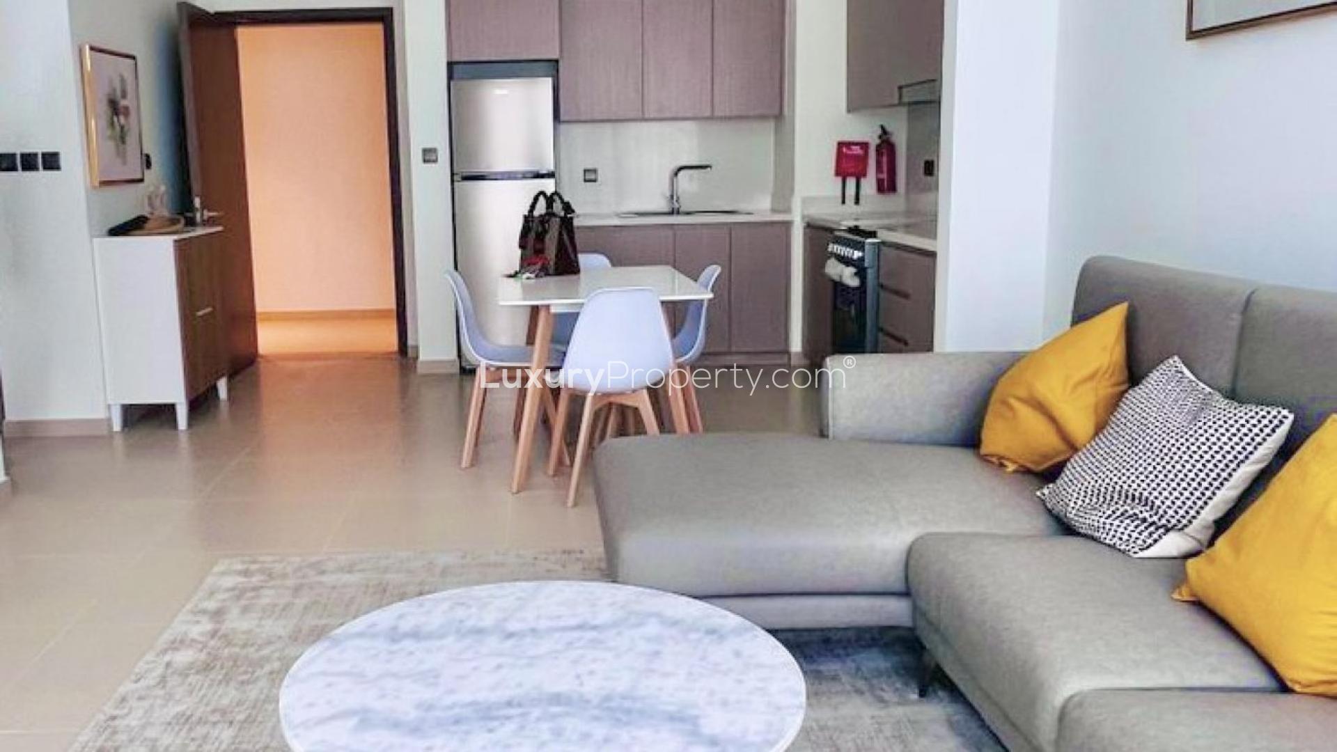 Furnished living room in one-bedroom apartment, Opera District, Downtown Dubai, with city view