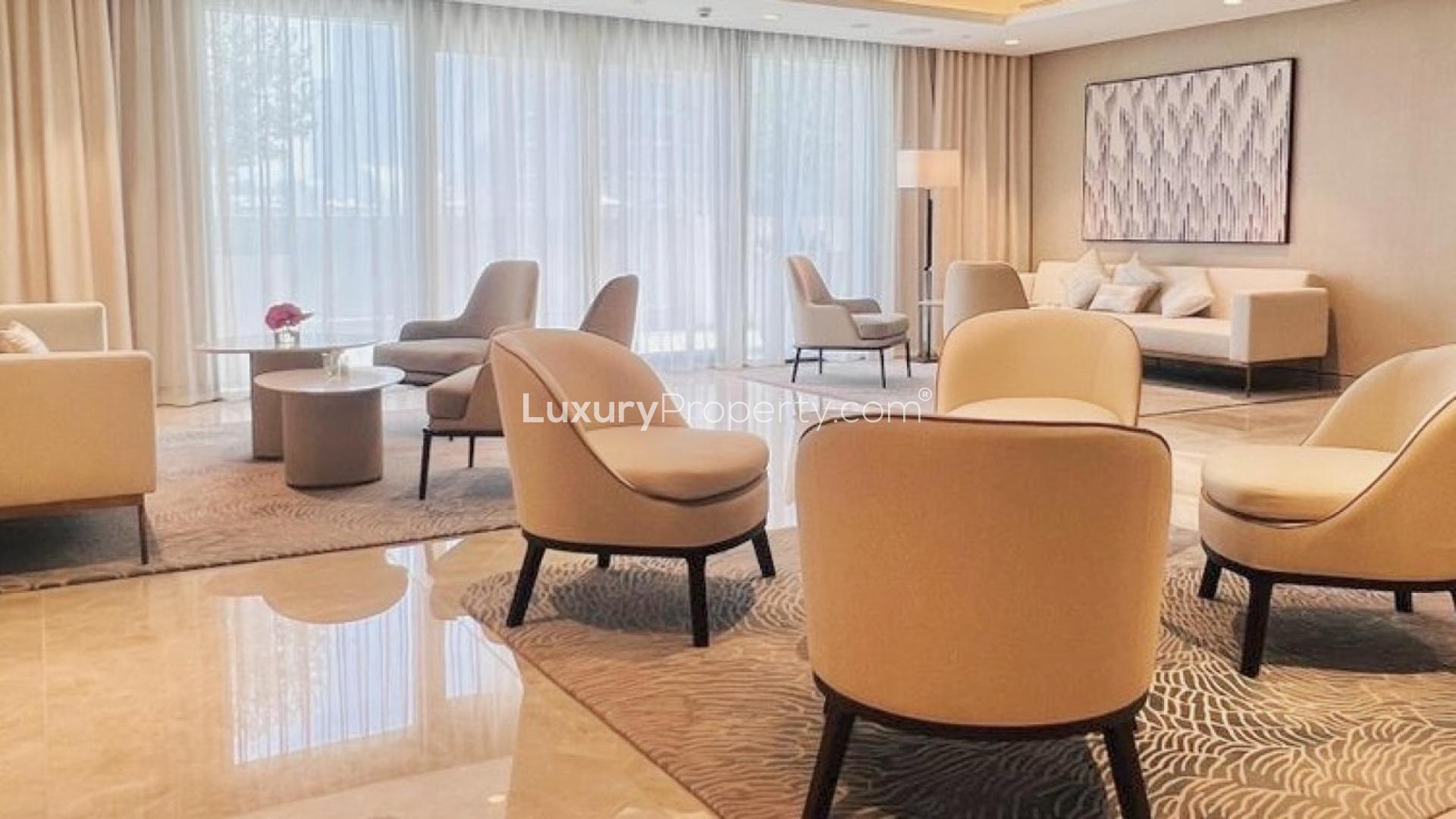 Furnished apartment living area with pool view in Opera District, Downtown Dubai