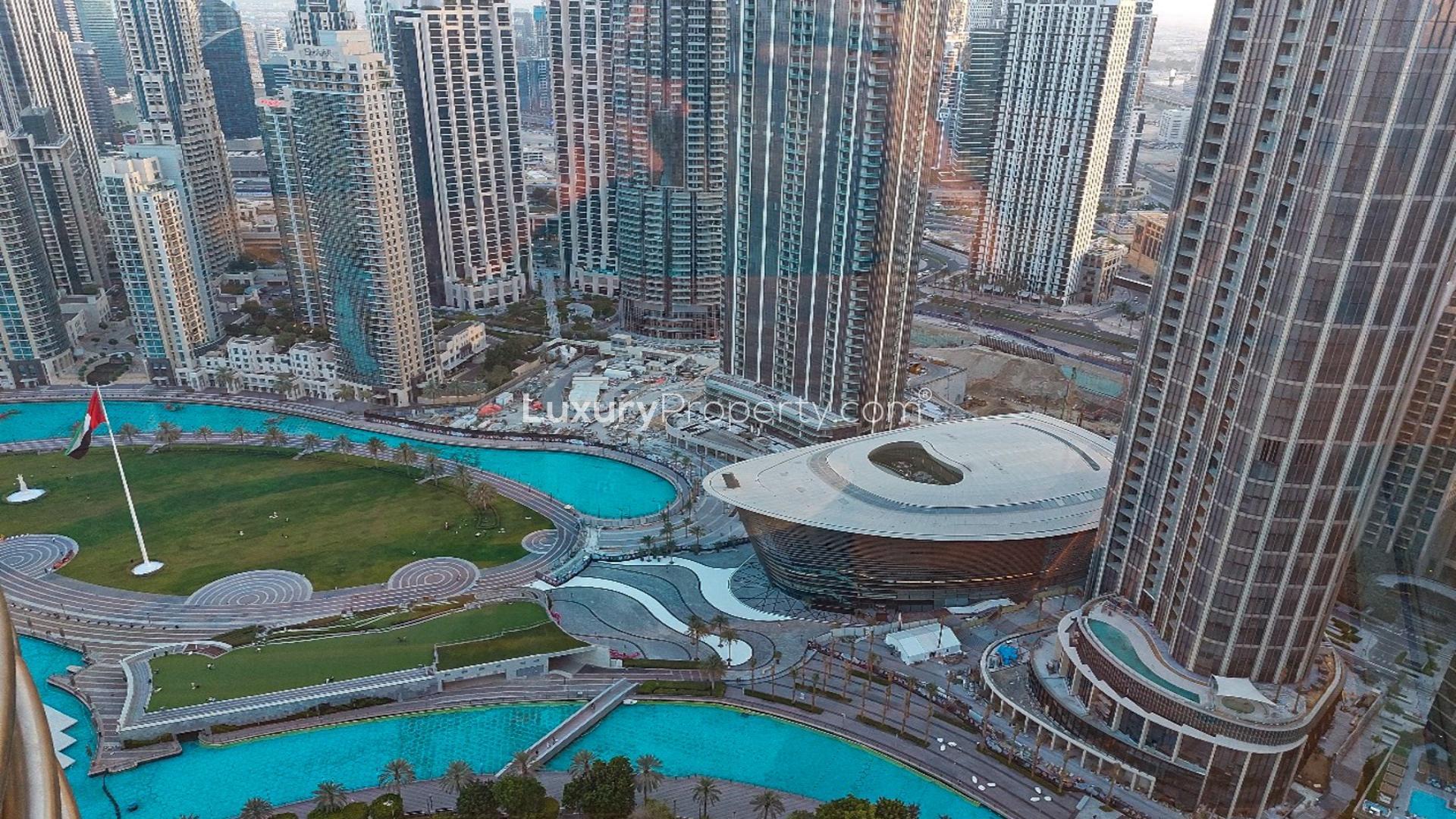 Modern kitchen in high-floor Downtown Dubai apartment, Burj Khalifa Area, with stainless steel appliances