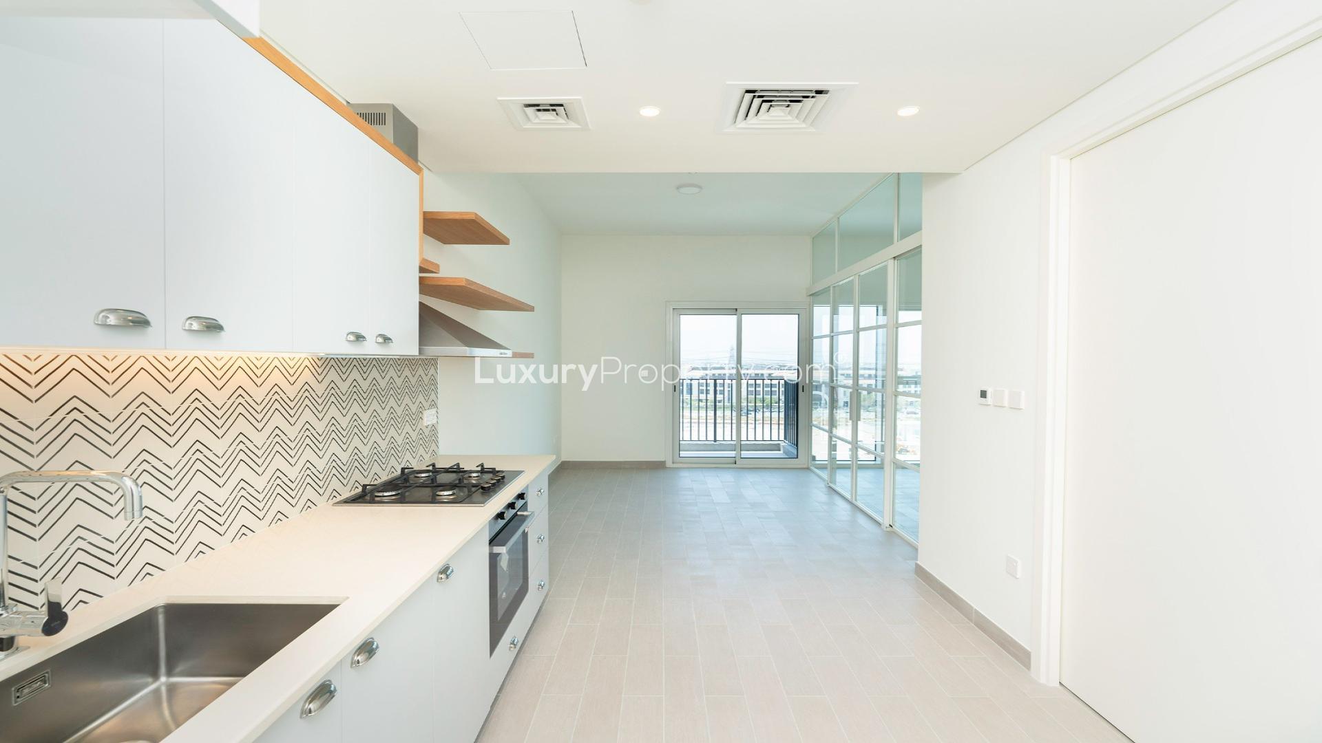 Outdoor pool view at Golfville, Dubai Hills Estate apartment for rent, LP41423
