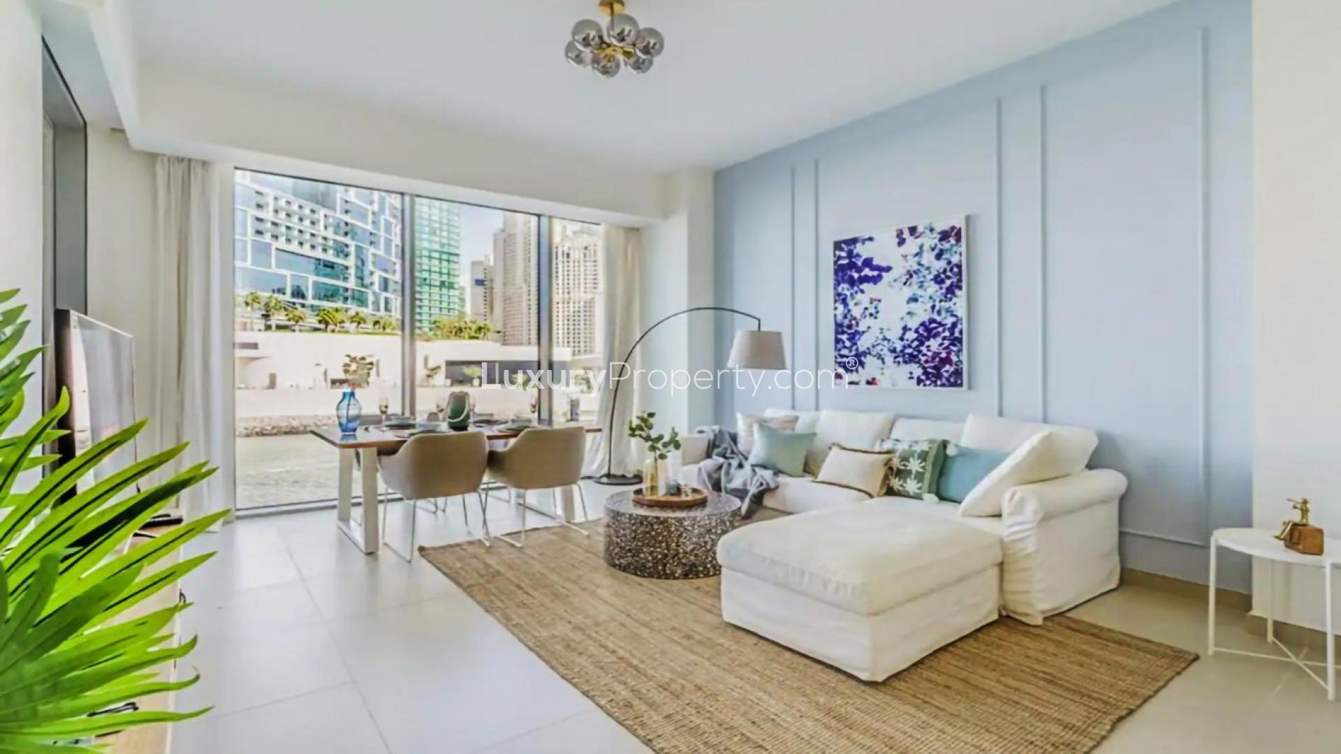 Modern living room in 1-bedroom apartment, 5242 Dubai Marina, with city view and stylish decor