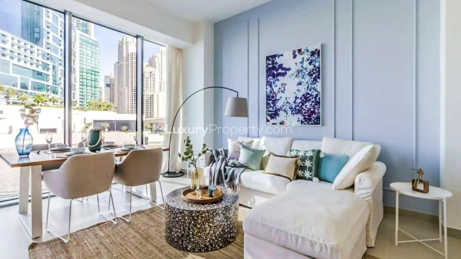 Modern living room with waterfront view in 1-bedroom apartment, Dubai Marina, 5242