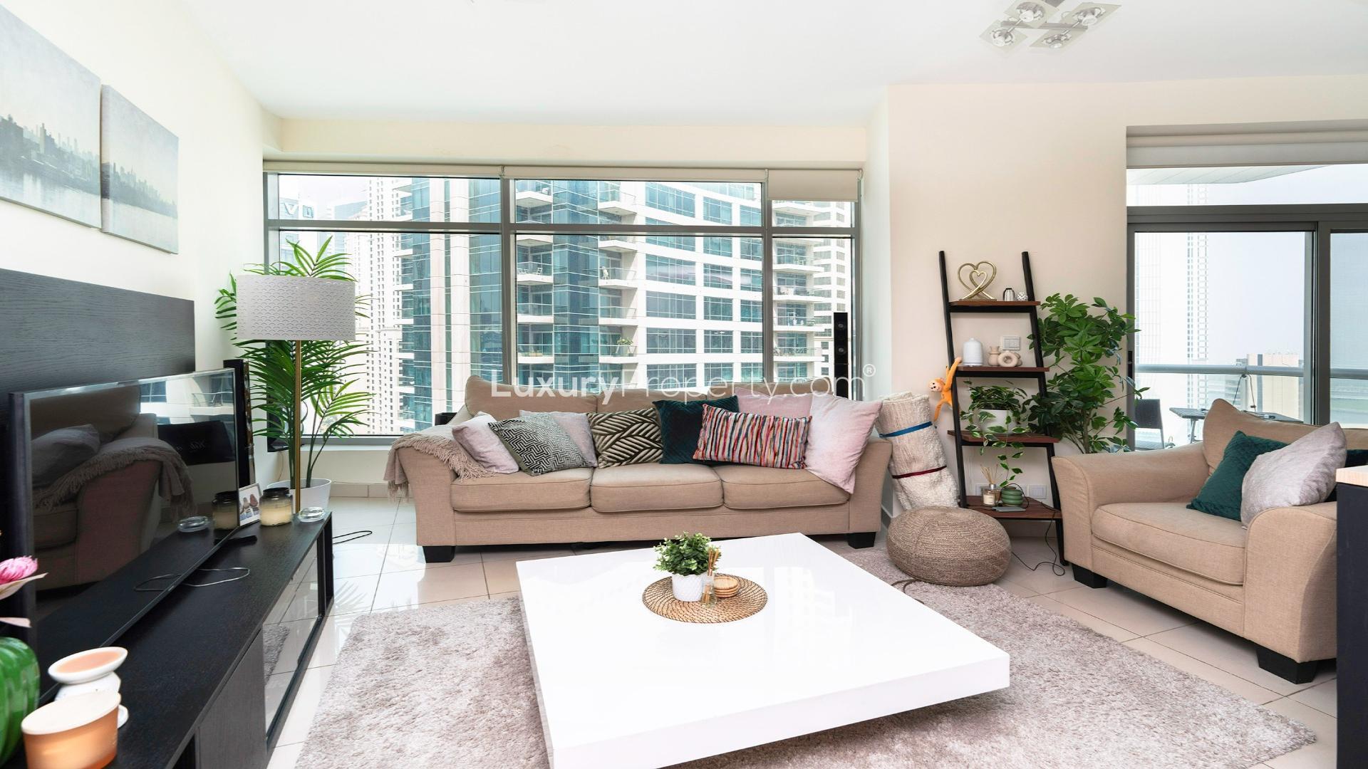 High floor apartment view of Dubai Marina skyline and canal, Park Island community