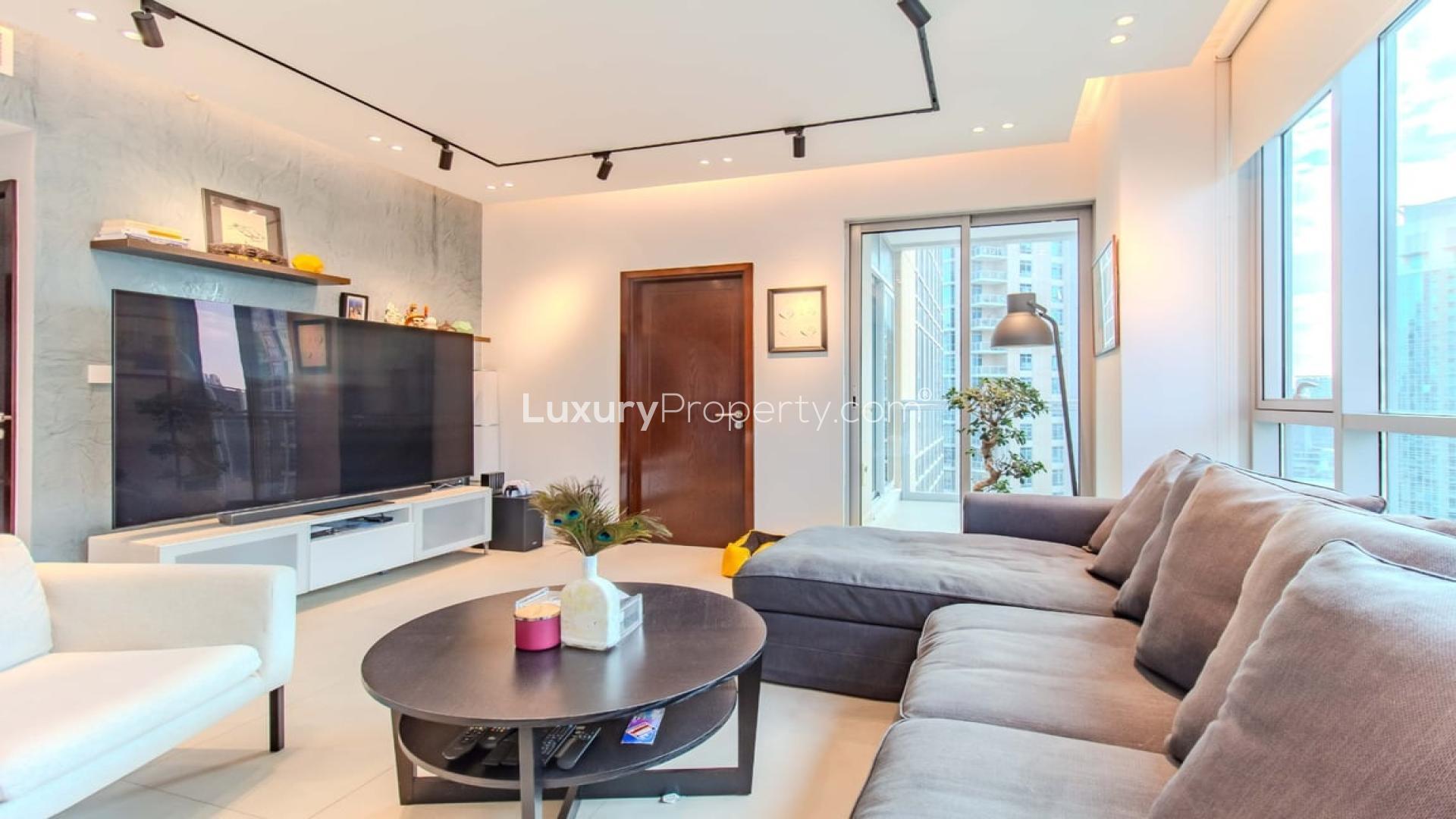 Furnished living room in 1-bedroom apartment, The Residences, Downtown Dubai, with modern decor