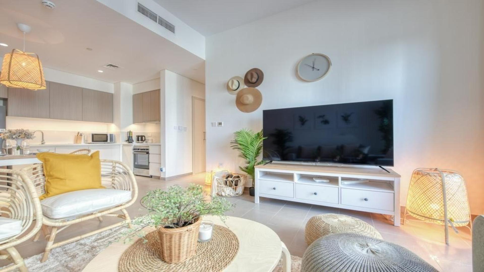 Furnished living room in 1-bedroom apartment, balcony with views, Dubai Hills Estate, Park Heights