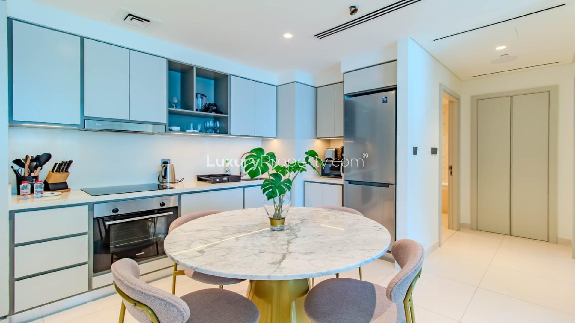 Modern living room in 1-bedroom apartment, Emaar Beachfront, Dubai Harbour, with stylish decor