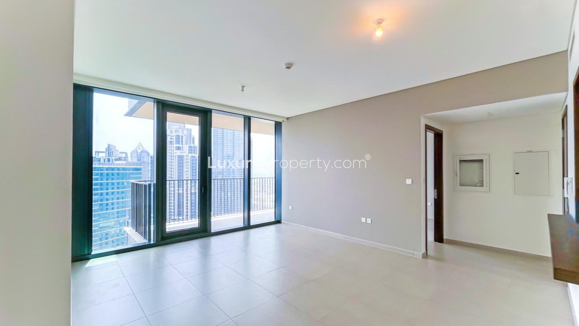 Skyline view from 1-bedroom apartment in BLVD Heights, Downtown Dubai, showcasing cityscape and sea