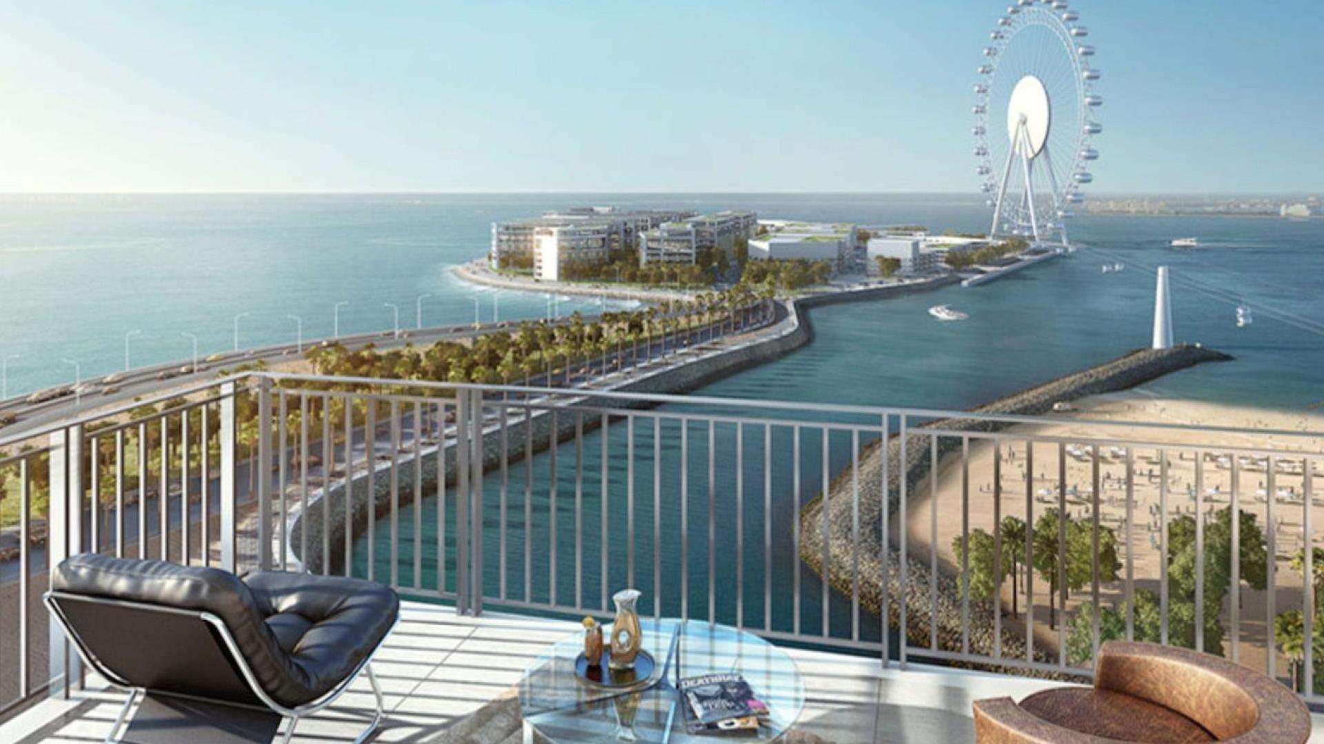 Contemporary waterfront apartment balcony view in Dubai Marina, overlooking the sea and Ferris wheel