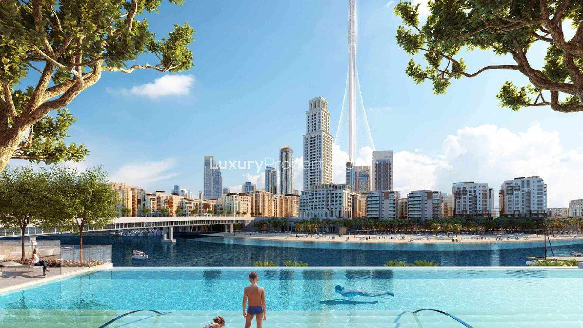 Infinity pool view at Palace Residences, Dubai Creek Harbour with skyline backdrop