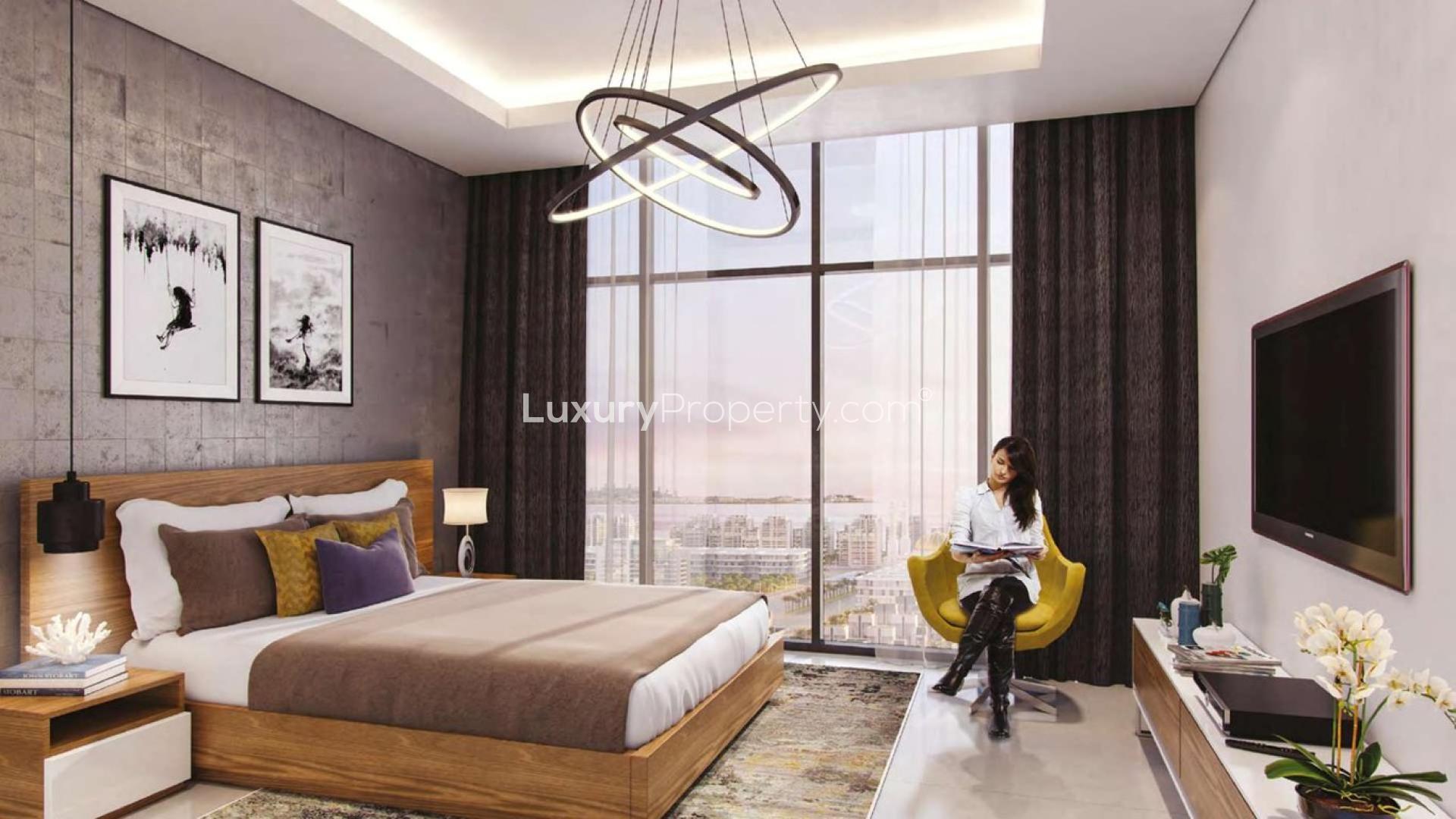 Luxurious lobby at Riviera Meydan One apartment for sale, featuring modern wood and marble design