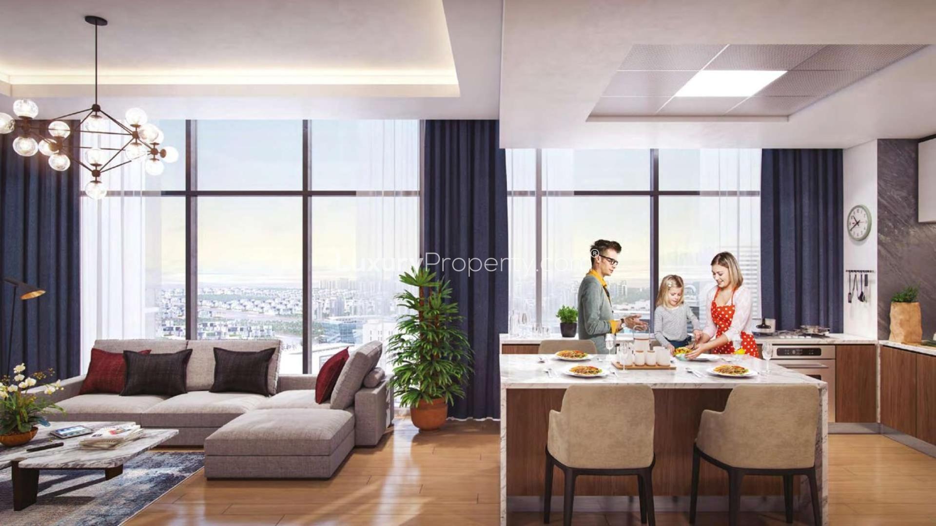 Modern living area in Azizi Riviera 26 apartment, Meydan One, featuring open kitchen and decor