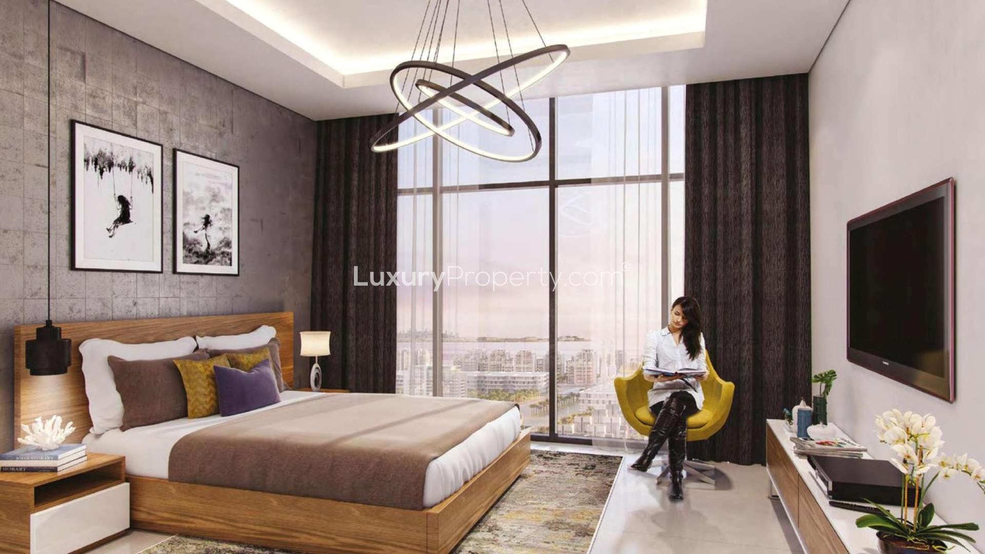 Modern living room and kitchen in one-bedroom Meydan One apartment, Riviera 28