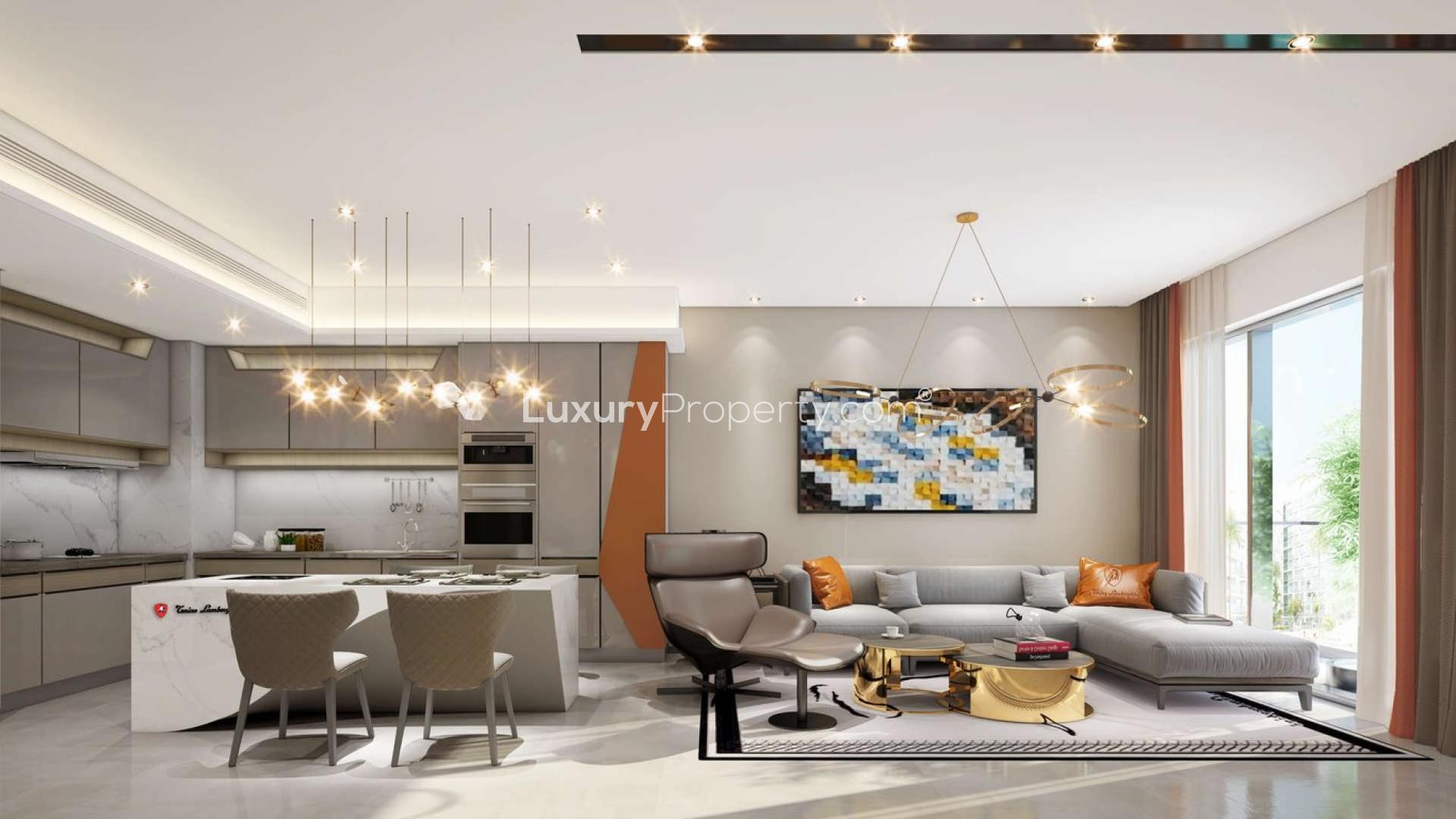 Modern living area in Tonino Lamborghini Residences, Meydan apartment, featuring luxury furnishings