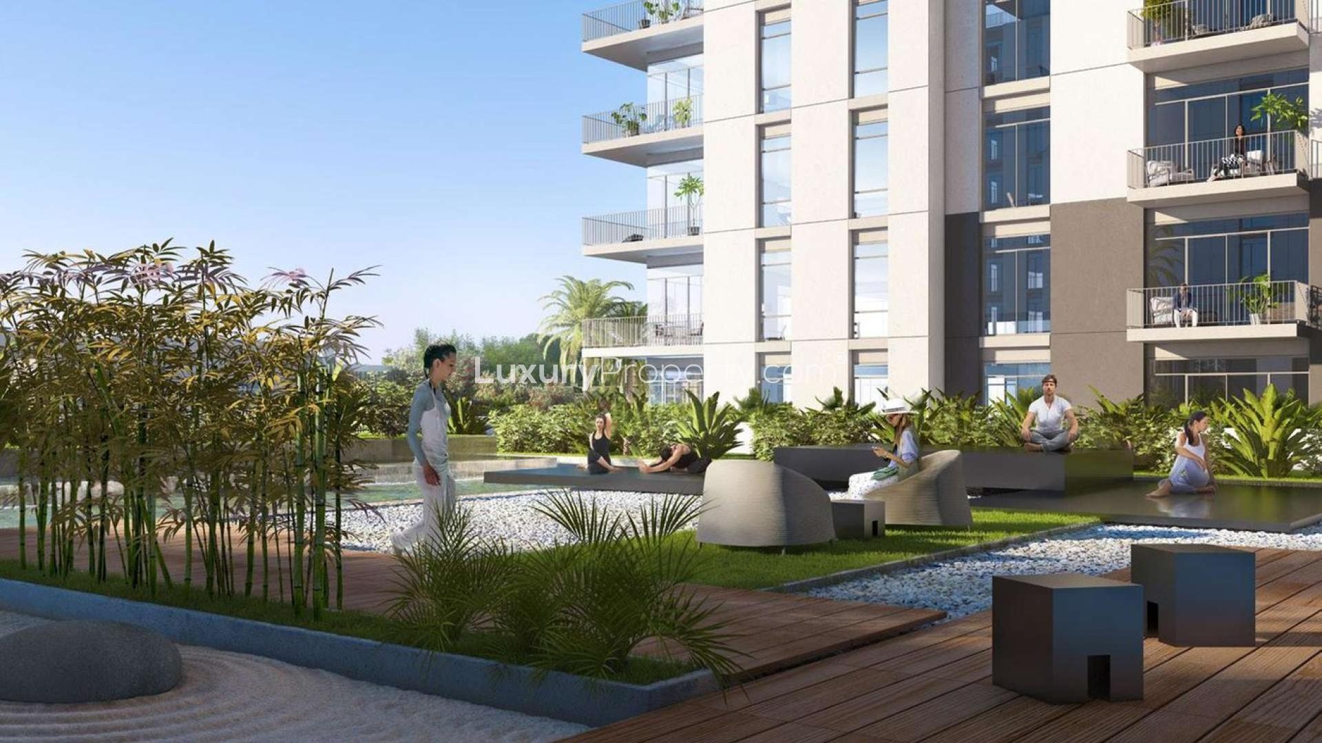 Modern one-bedroom apartment interior at Park Ridge, Dubai Hills Estate, featuring open-plan layout